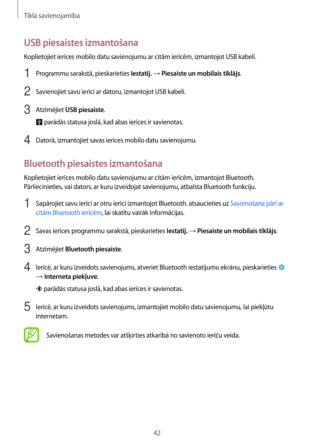 Samsung SM-A700FZDASEB manual USB piesaistes izmantošana, Bluetooth piesaistes izmantošana, Atzīmējiet USB piesaiste 