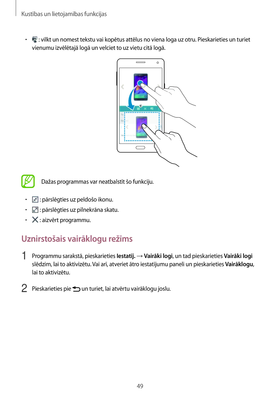 Samsung SM-A700FZWASEB, SM-A700FZDASEB, SM-A700FZKASEB manual Uznirstošais vairāklogu režīms 