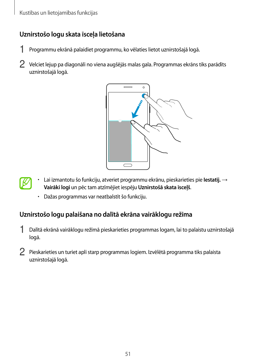 Samsung SM-A700FZDASEB, SM-A700FZWASEB, SM-A700FZKASEB manual Uznirstošo logu skata īsceļa lietošana 