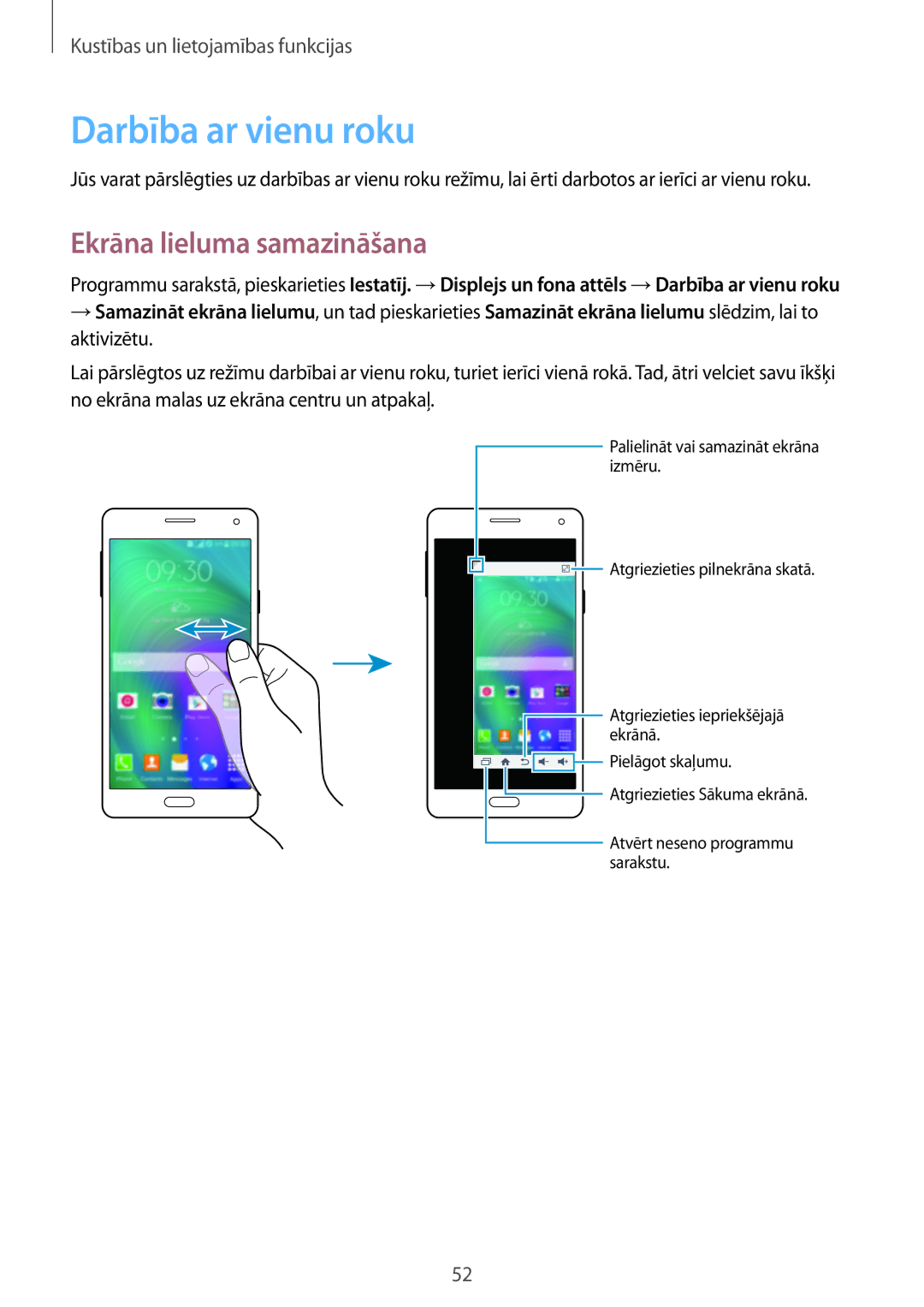 Samsung SM-A700FZWASEB, SM-A700FZDASEB, SM-A700FZKASEB manual Darbība ar vienu roku, Ekrāna lieluma samazināšana 