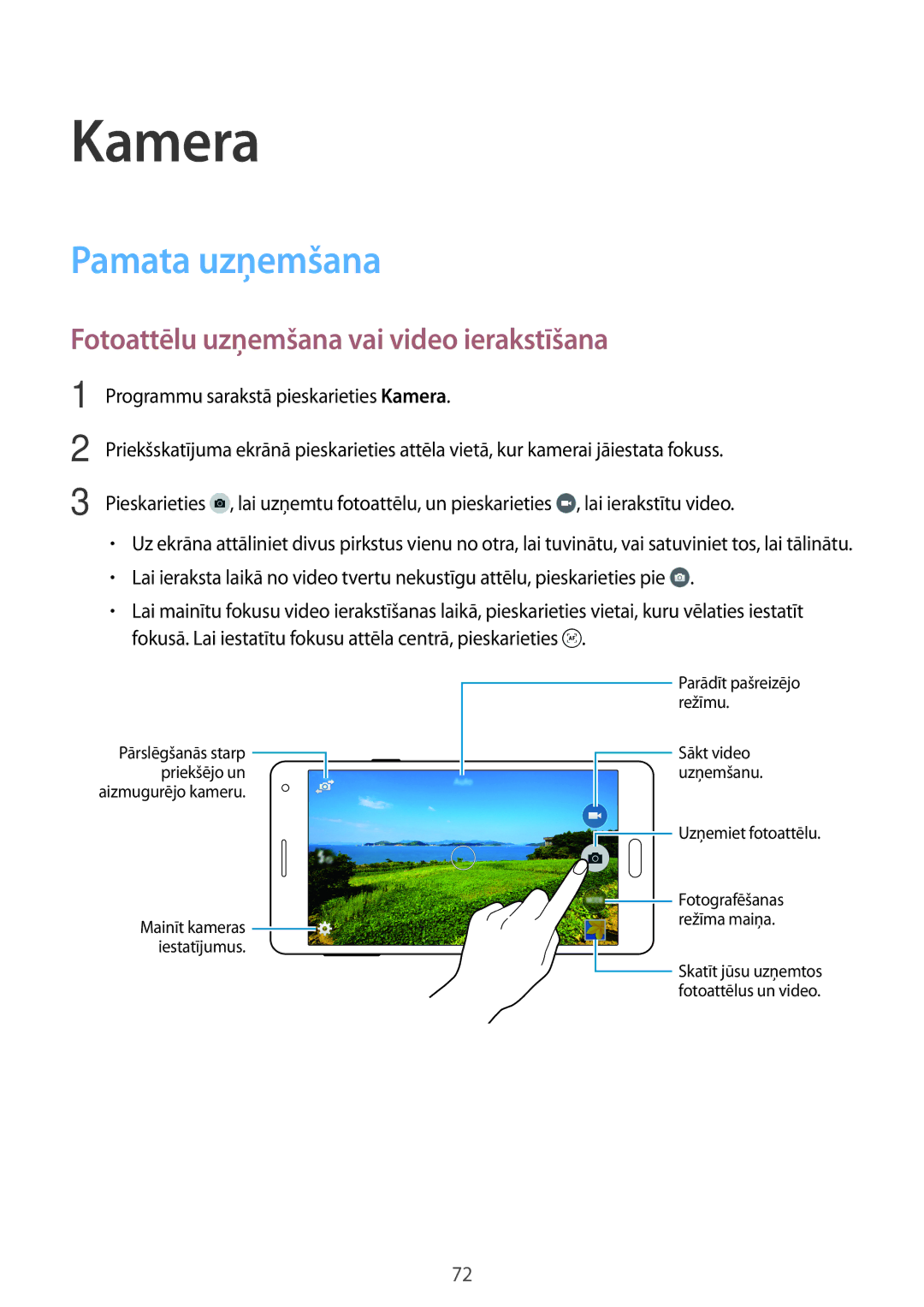 Samsung SM-A700FZDASEB, SM-A700FZWASEB manual Kamera, Pamata uzņemšana, Fotoattēlu uzņemšana vai video ierakstīšana 