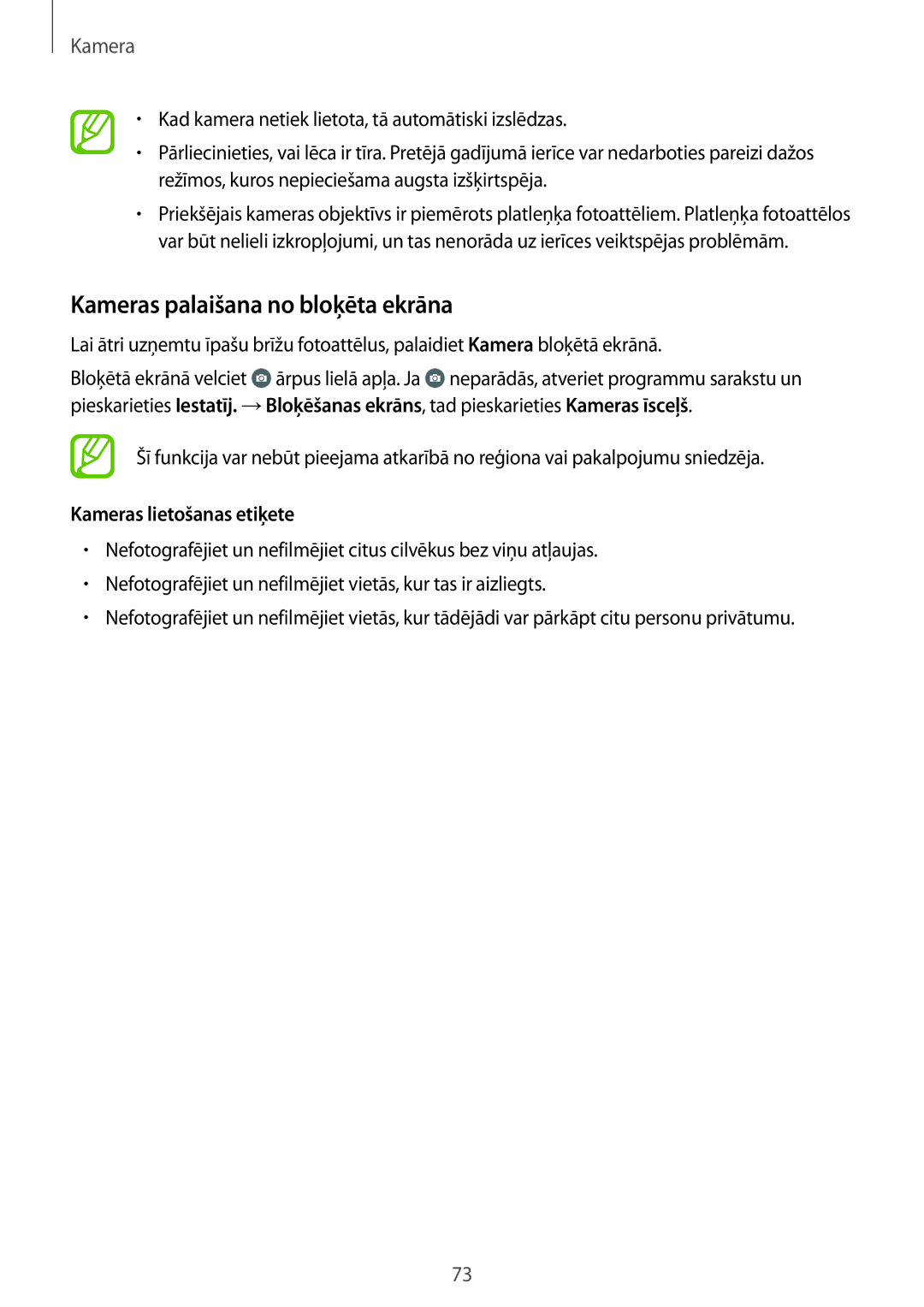 Samsung SM-A700FZWASEB, SM-A700FZDASEB, SM-A700FZKASEB manual Kameras palaišana no bloķēta ekrāna, Kameras lietošanas etiķete 