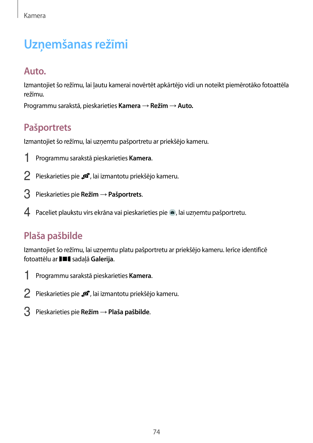 Samsung SM-A700FZKASEB, SM-A700FZDASEB, SM-A700FZWASEB manual Uzņemšanas režīmi, Auto, Pašportrets, Plaša pašbilde 