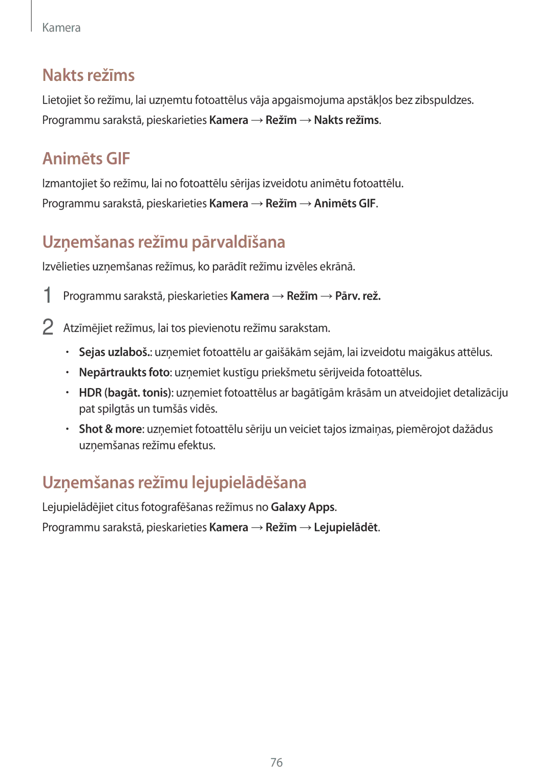 Samsung SM-A700FZWASEB manual Nakts režīms, Animēts GIF, Uzņemšanas režīmu pārvaldīšana, Uzņemšanas režīmu lejupielādēšana 