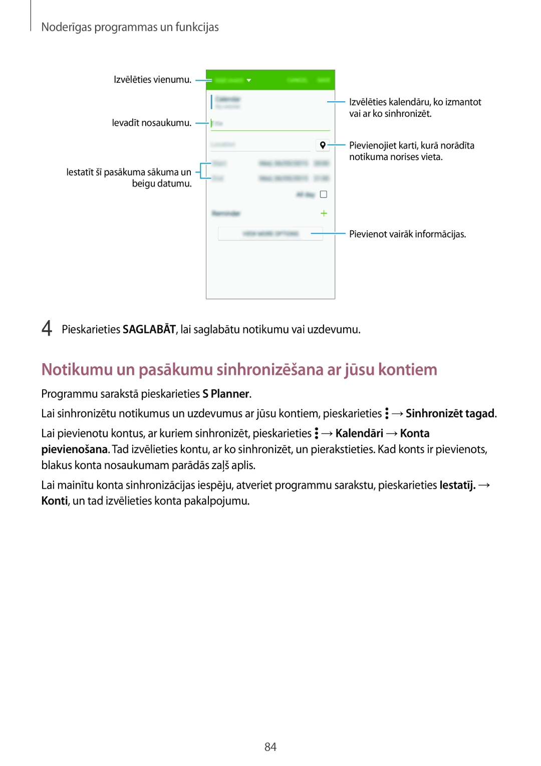 Samsung SM-A700FZDASEB manual Notikumu un pasākumu sinhronizēšana ar jūsu kontiem, Noderīgas programmas un funkcijas 