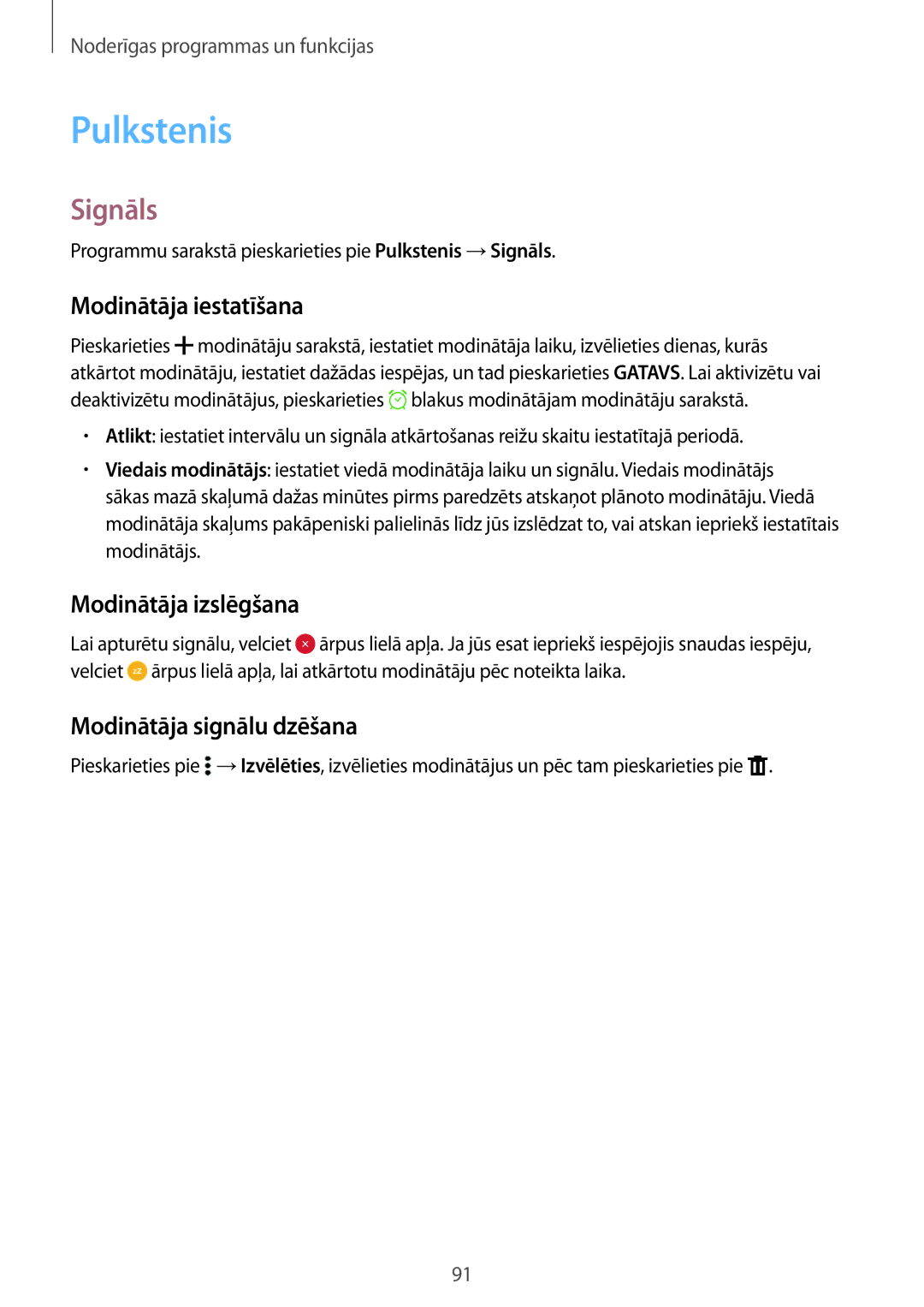 Samsung SM-A700FZWASEB Pulkstenis, Signāls, Modinātāja iestatīšana, Modinātāja izslēgšana, Modinātāja signālu dzēšana 