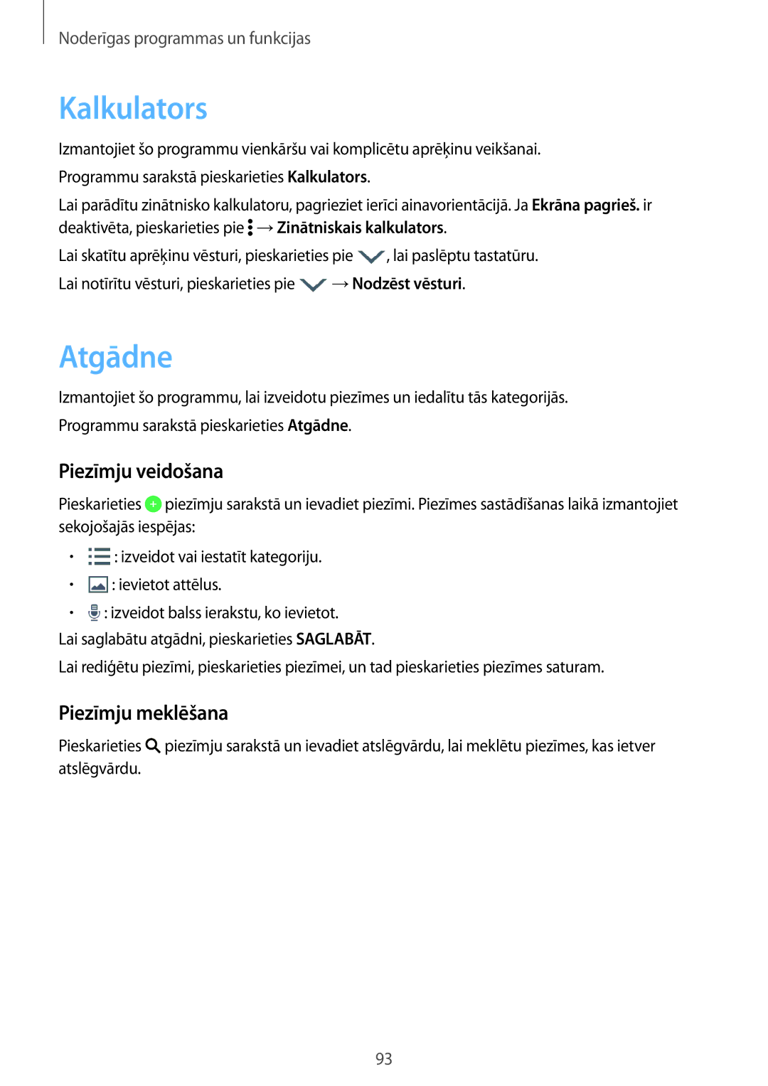 Samsung SM-A700FZDASEB, SM-A700FZWASEB, SM-A700FZKASEB manual Kalkulators, Atgādne, Piezīmju veidošana, Piezīmju meklēšana 