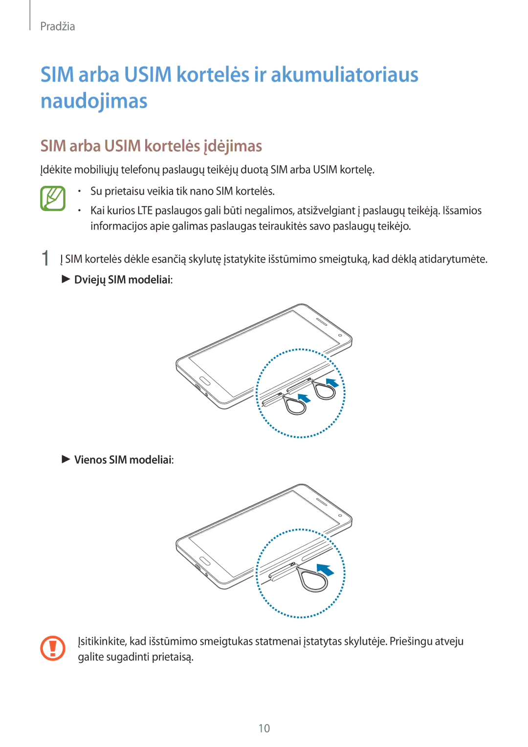 Samsung SM-A700FZWASEB manual SIM arba Usim kortelės ir akumuliatoriaus naudojimas, SIM arba Usim kortelės įdėjimas 