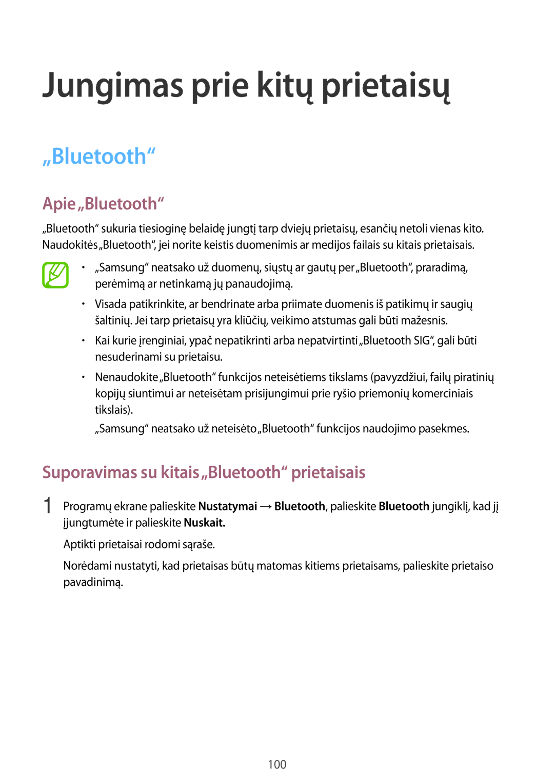 Samsung SM-A700FZWASEB manual Jungimas prie kitų prietaisų, Apie„Bluetooth, Suporavimas su kitais„Bluetooth prietaisais 