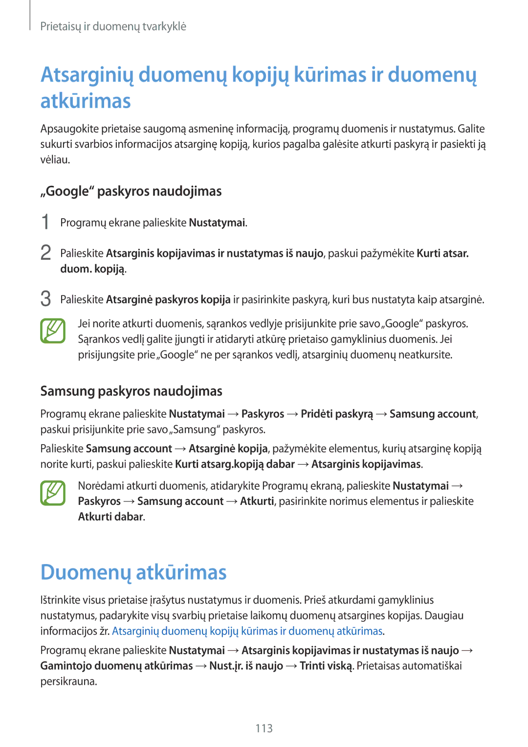 Samsung SM-A700FZKASEB manual Atsarginių duomenų kopijų kūrimas ir duomenų atkūrimas, Duomenų atkūrimas, Duom. kopiją 