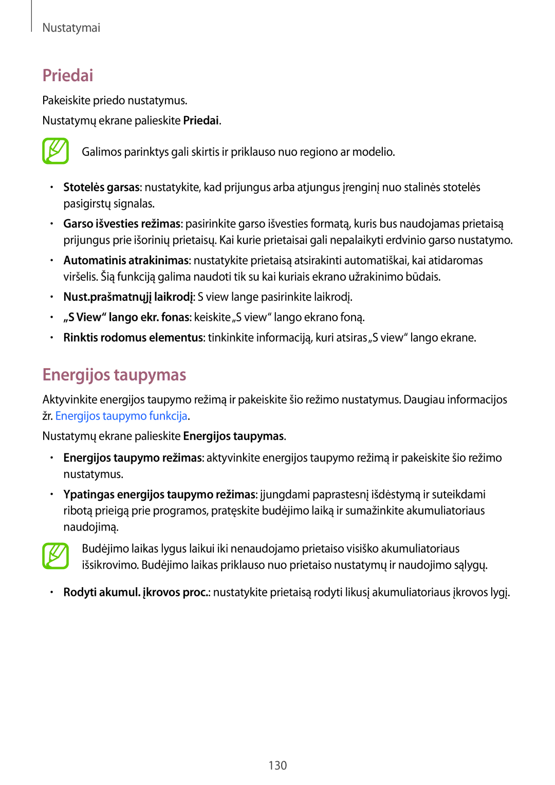 Samsung SM-A700FZWASEB, SM-A700FZDASEB, SM-A700FZKASEB manual Priedai, Energijos taupymas 