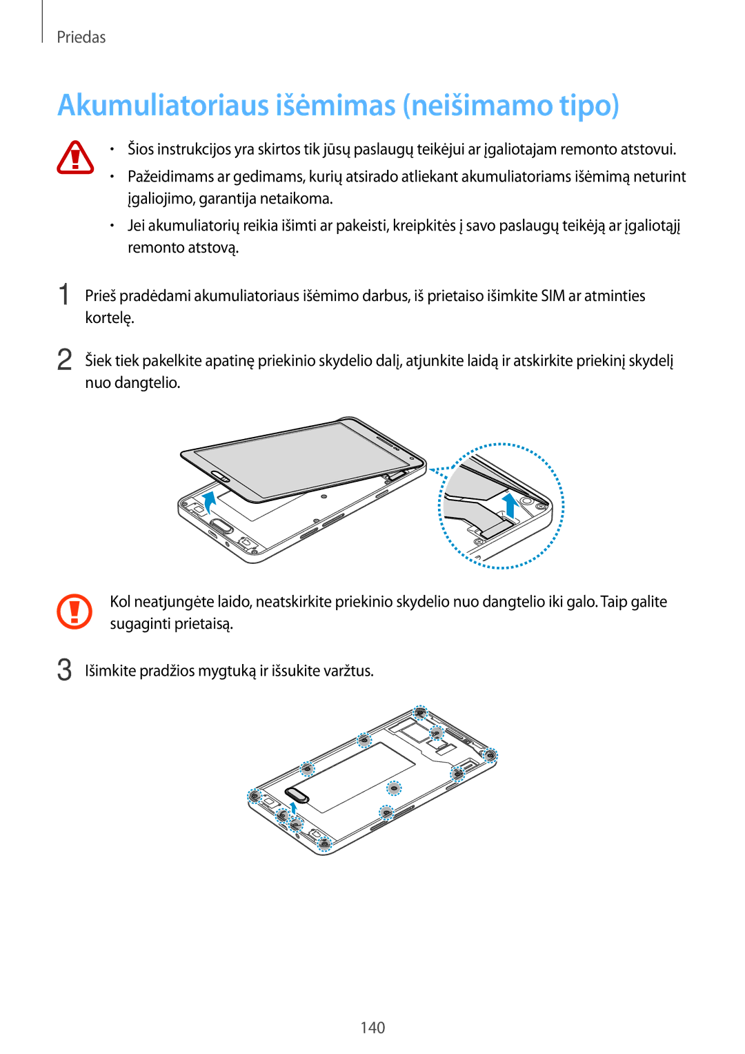 Samsung SM-A700FZKASEB, SM-A700FZDASEB, SM-A700FZWASEB manual Akumuliatoriaus išėmimas neišimamo tipo 