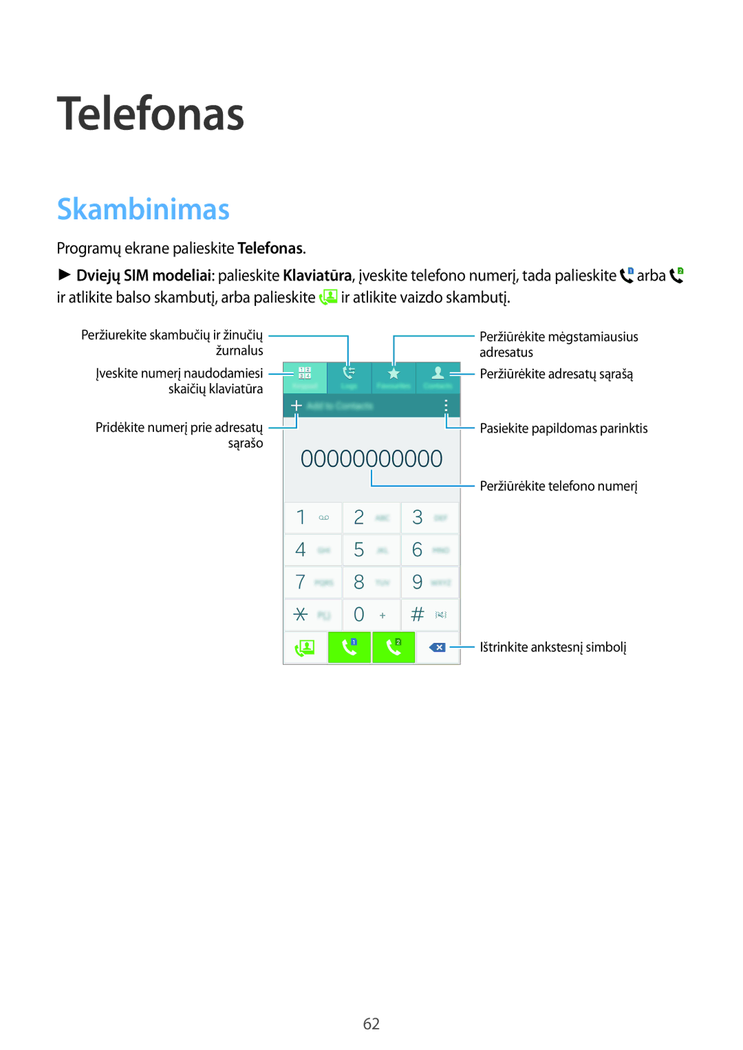 Samsung SM-A700FZKASEB, SM-A700FZDASEB, SM-A700FZWASEB manual Skambinimas, Programų ekrane palieskite Telefonas 