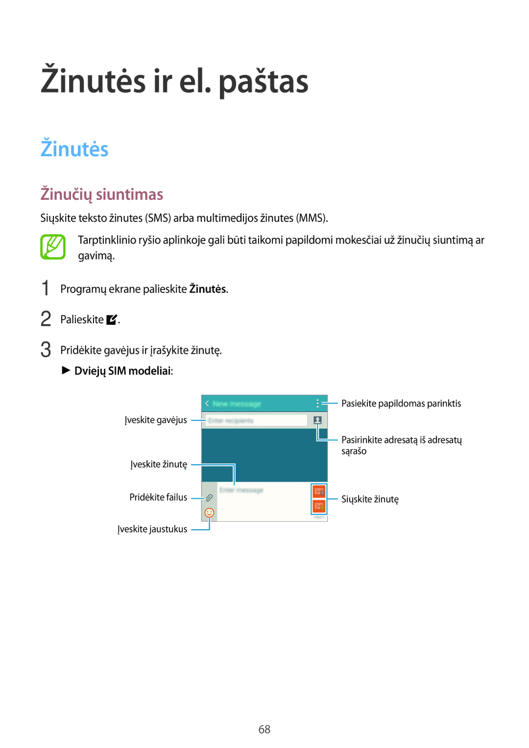 Samsung SM-A700FZKASEB, SM-A700FZDASEB manual Žinutės ir el. paštas, Žinučių siuntimas, Palieskite, Dviejų SIM modeliai 