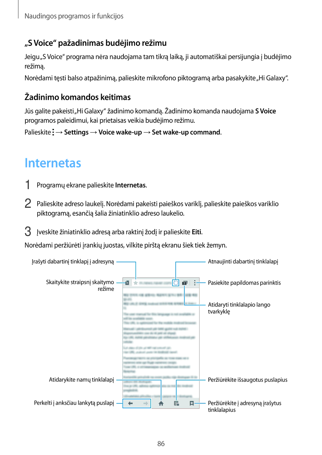 Samsung SM-A700FZKASEB, SM-A700FZDASEB manual Internetas, „S Voice pažadinimas budėjimo režimu, Žadinimo komandos keitimas 