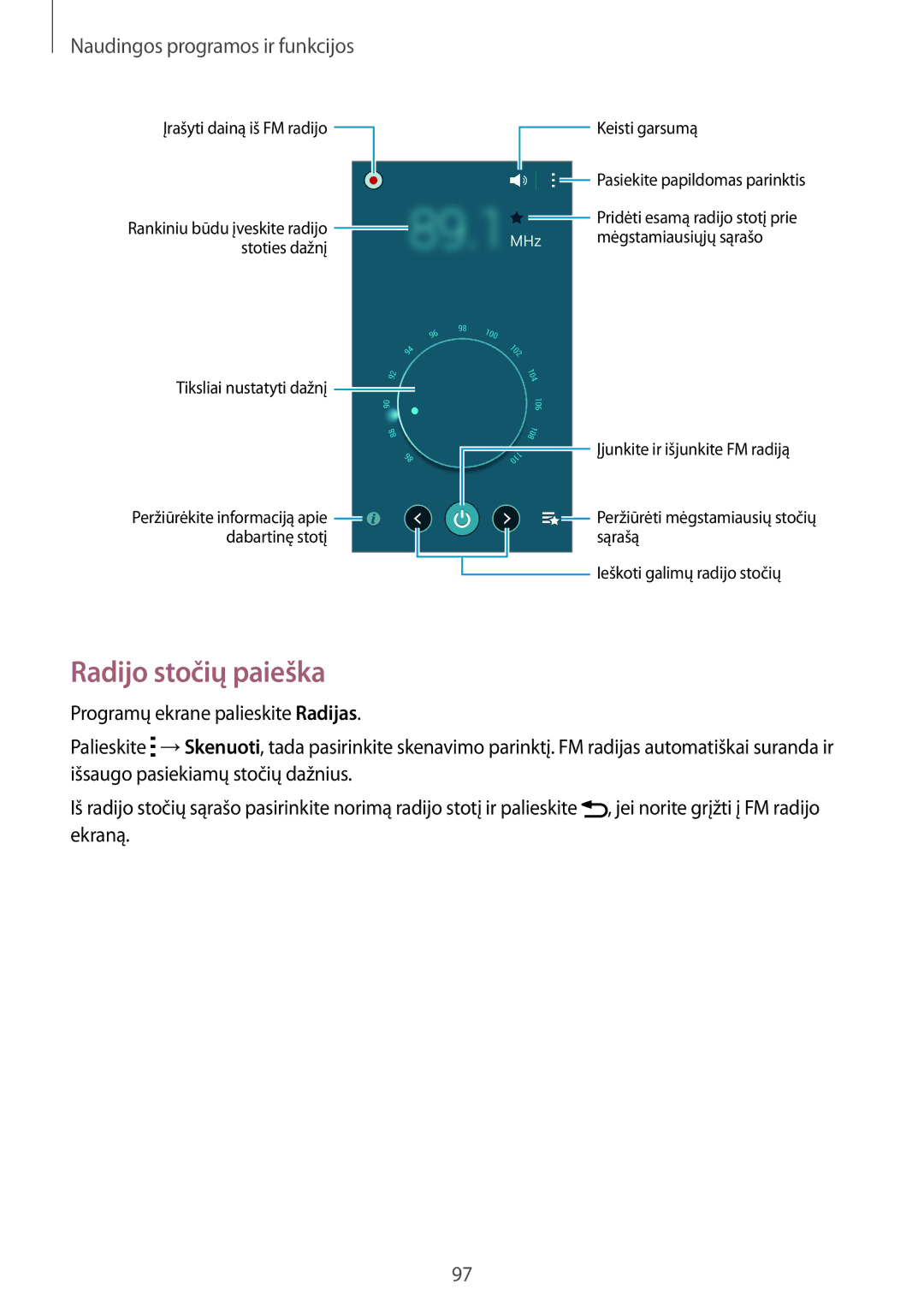 Samsung SM-A700FZWASEB, SM-A700FZDASEB, SM-A700FZKASEB manual Radijo stočių paieška 