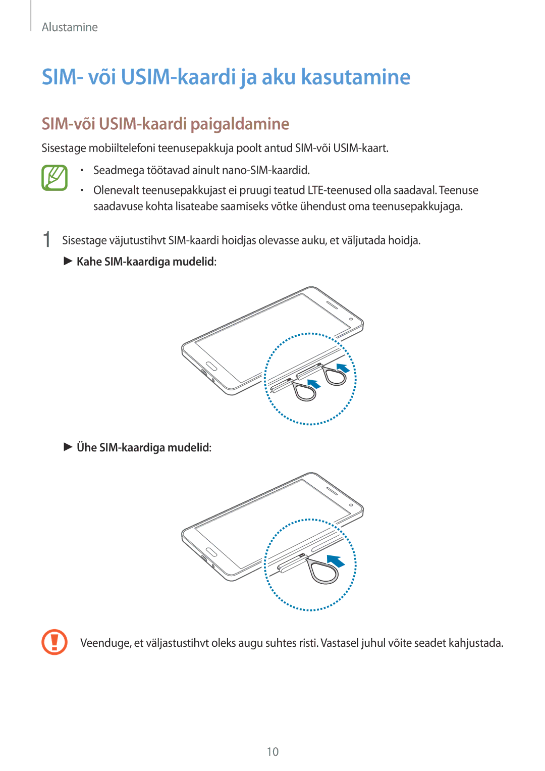 Samsung SM-A700FZWASEB, SM-A700FZDASEB manual SIM- või USIM-kaardi ja aku kasutamine, SIM-või USIM-kaardi paigaldamine 