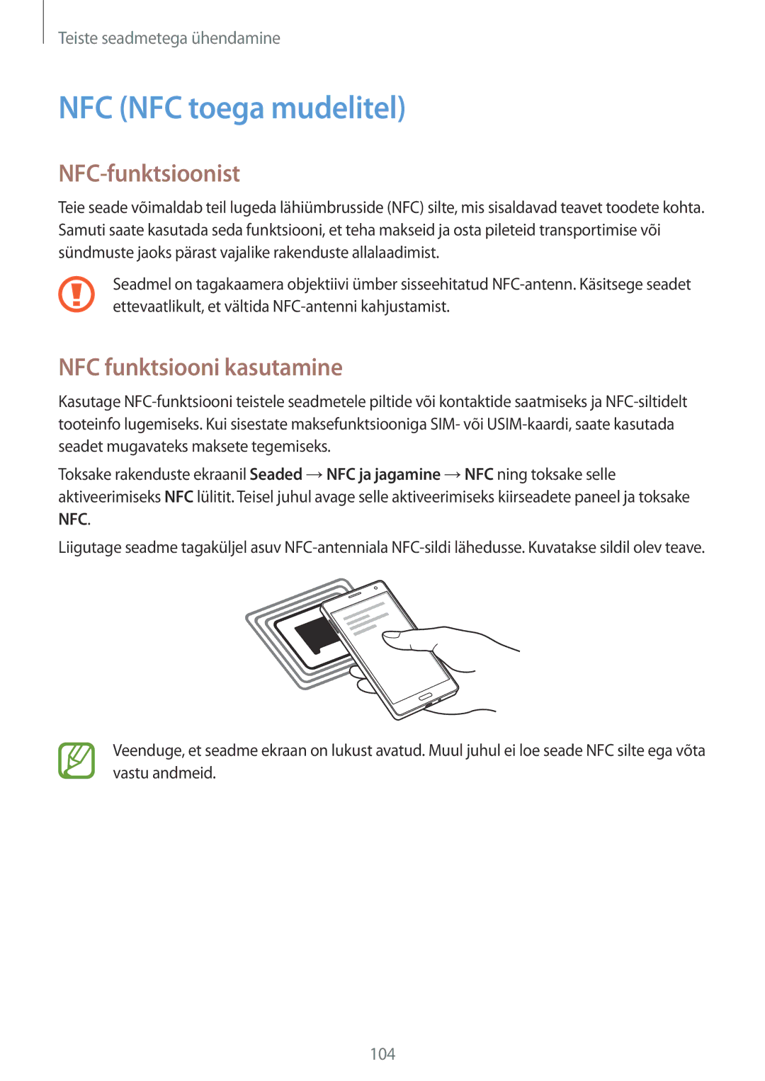 Samsung SM-A700FZKASEB, SM-A700FZDASEB manual NFC NFC toega mudelitel, NFC-funktsioonist, NFC funktsiooni kasutamine 