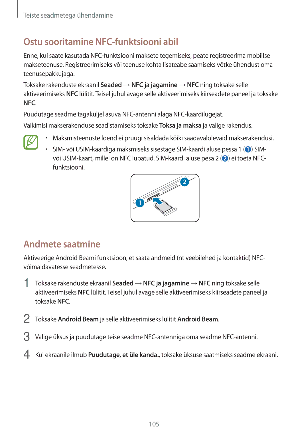 Samsung SM-A700FZDASEB, SM-A700FZWASEB, SM-A700FZKASEB manual Ostu sooritamine NFC-funktsiooni abil, Andmete saatmine 