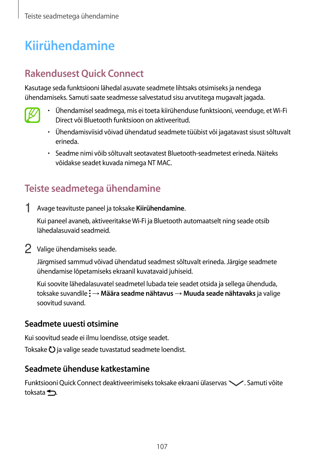 Samsung SM-A700FZKASEB Kiirühendamine, Rakendusest Quick Connect, Seadmete uuesti otsimine, Seadmete ühenduse katkestamine 