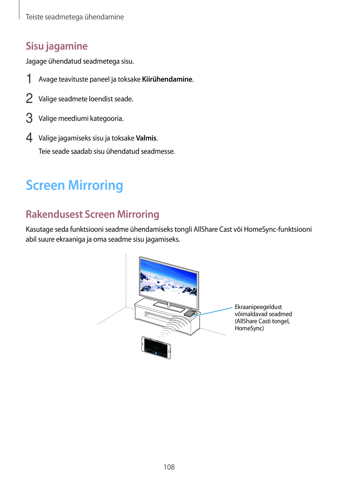 Samsung SM-A700FZDASEB, SM-A700FZWASEB, SM-A700FZKASEB manual Sisu jagamine, Rakendusest Screen Mirroring 