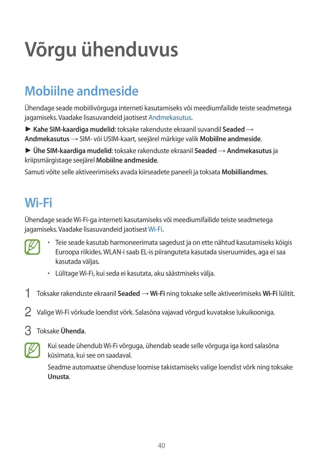 Samsung SM-A700FZWASEB, SM-A700FZDASEB, SM-A700FZKASEB manual Võrgu ühenduvus, Mobiilne andmeside, Wi-Fi 