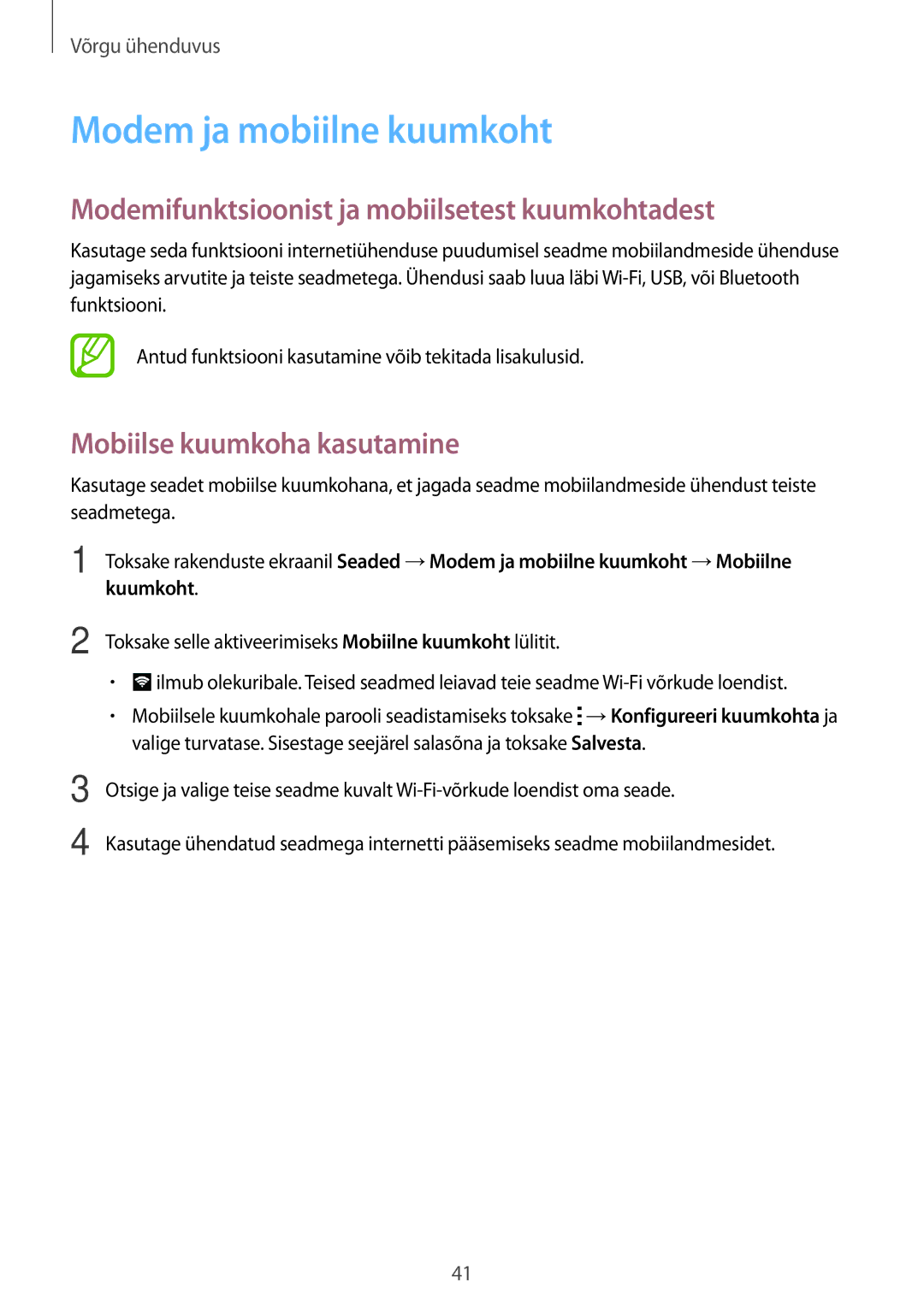 Samsung SM-A700FZKASEB, SM-A700FZDASEB manual Modem ja mobiilne kuumkoht, Modemifunktsioonist ja mobiilsetest kuumkohtadest 