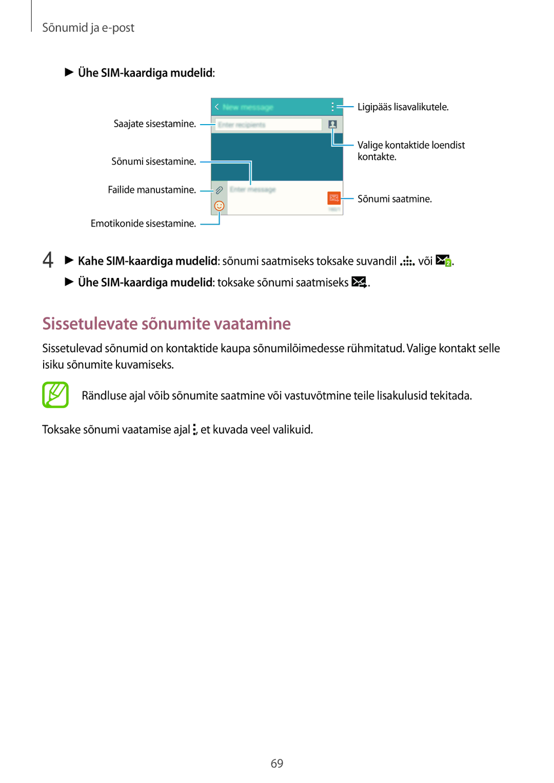 Samsung SM-A700FZDASEB manual Sissetulevate sõnumite vaatamine, Või, Ühe SIM-kaardiga mudelid toksake sõnumi saatmiseks 