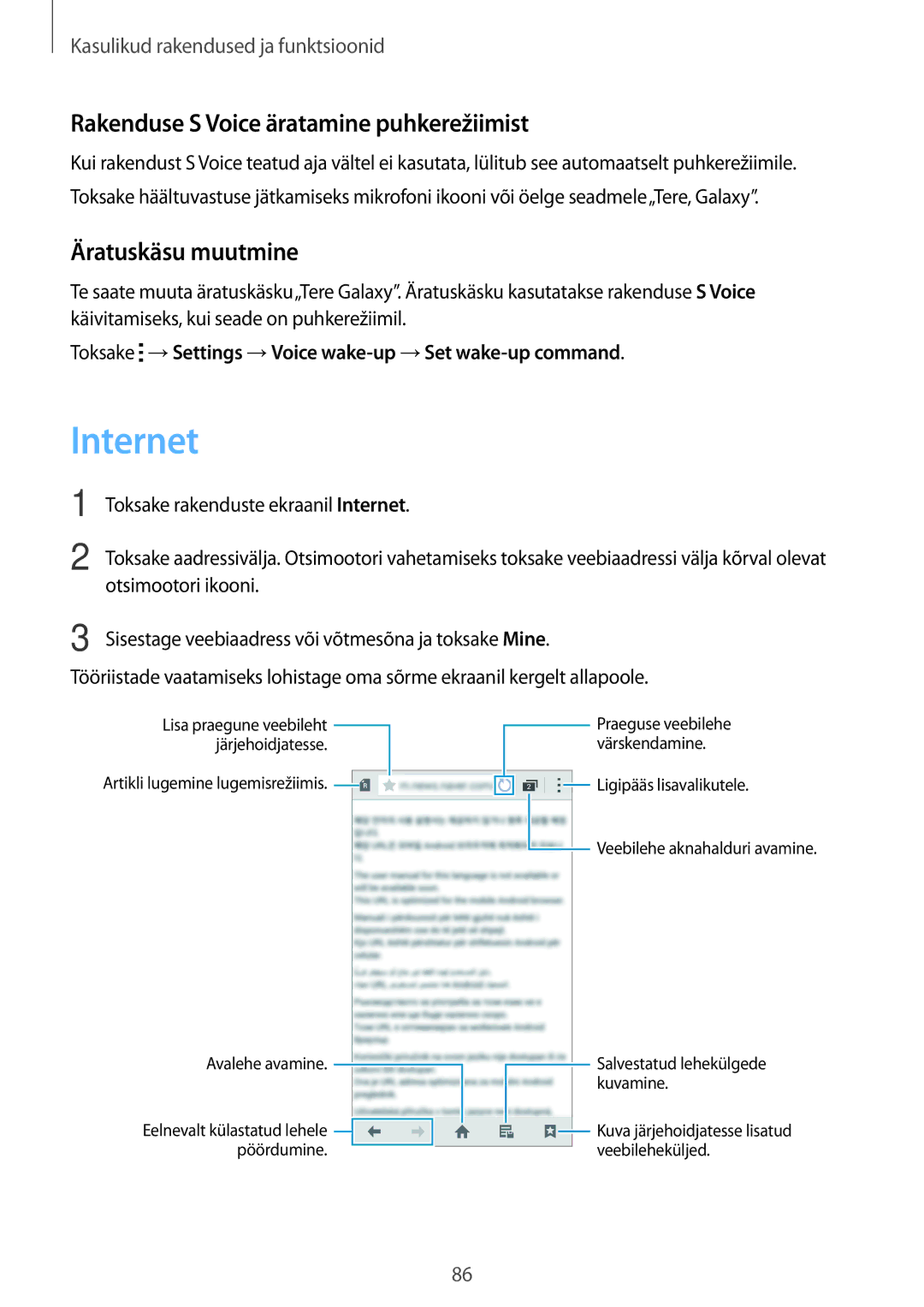 Samsung SM-A700FZKASEB, SM-A700FZDASEB manual Internet, Rakenduse S Voice äratamine puhkerežiimist, Äratuskäsu muutmine 