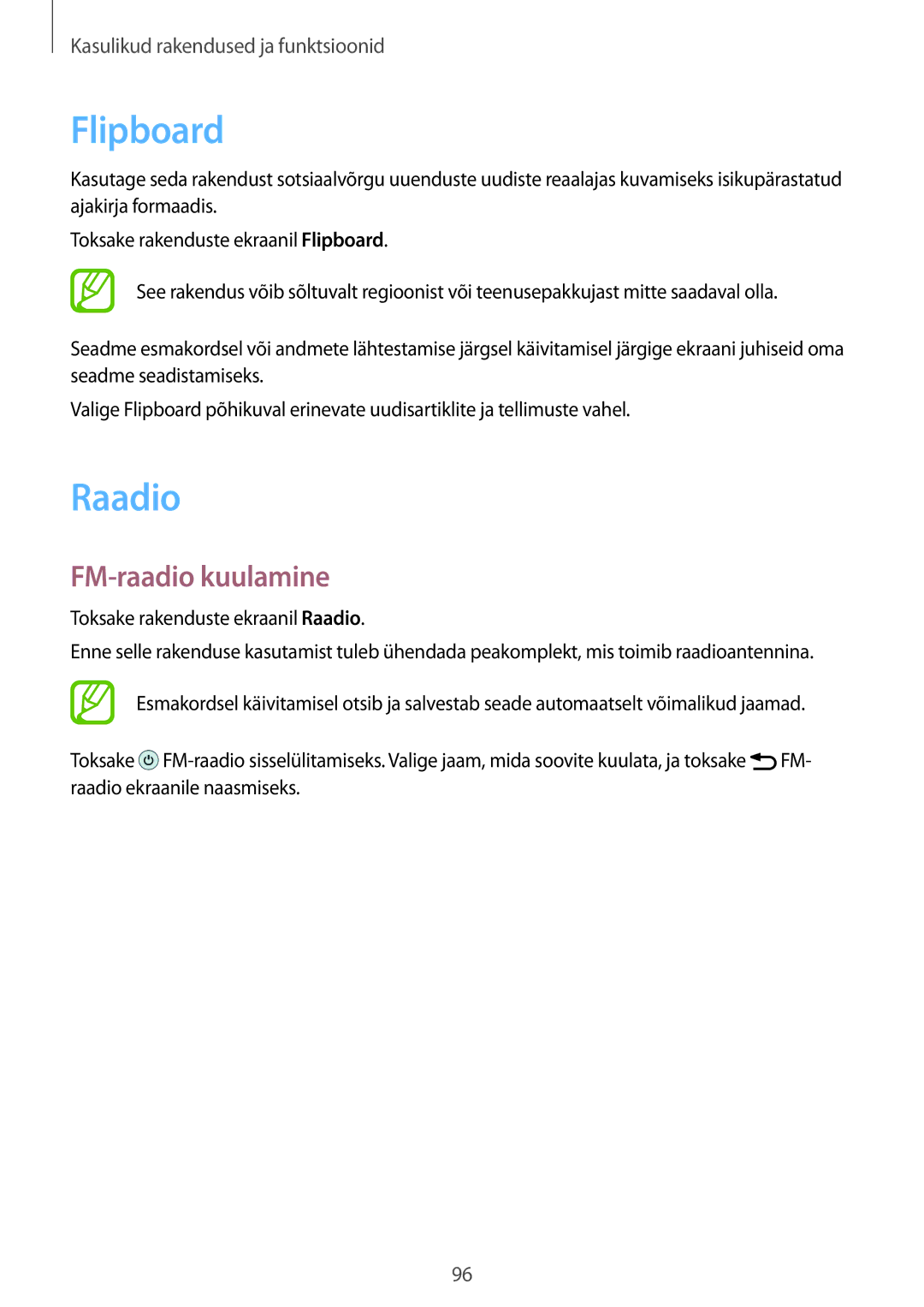 Samsung SM-A700FZDASEB, SM-A700FZWASEB, SM-A700FZKASEB manual Flipboard, Raadio, FM-raadio kuulamine 