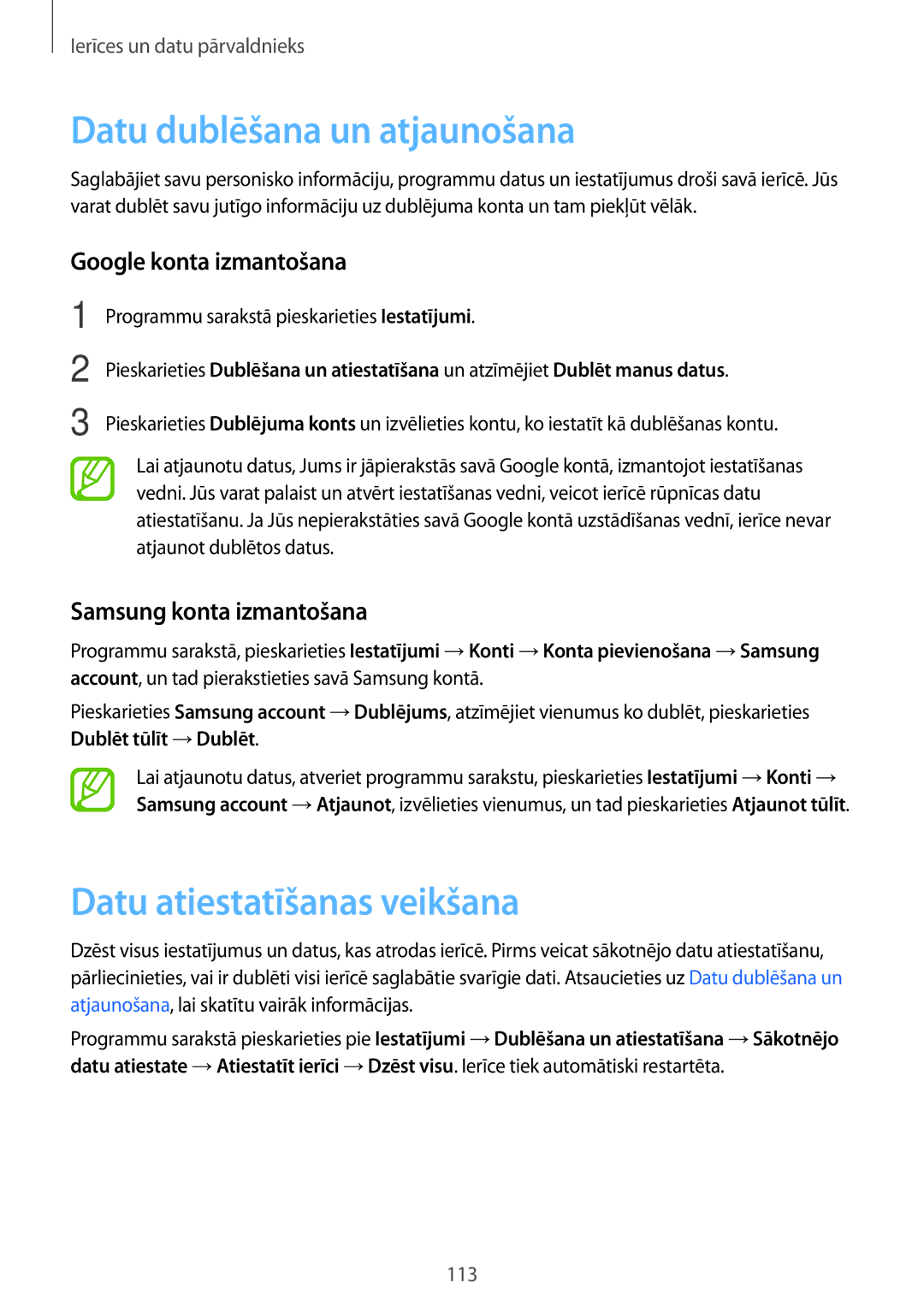 Samsung SM-A700FZKASEB manual Datu dublēšana un atjaunošana, Datu atiestatīšanas veikšana, Google konta izmantošana 