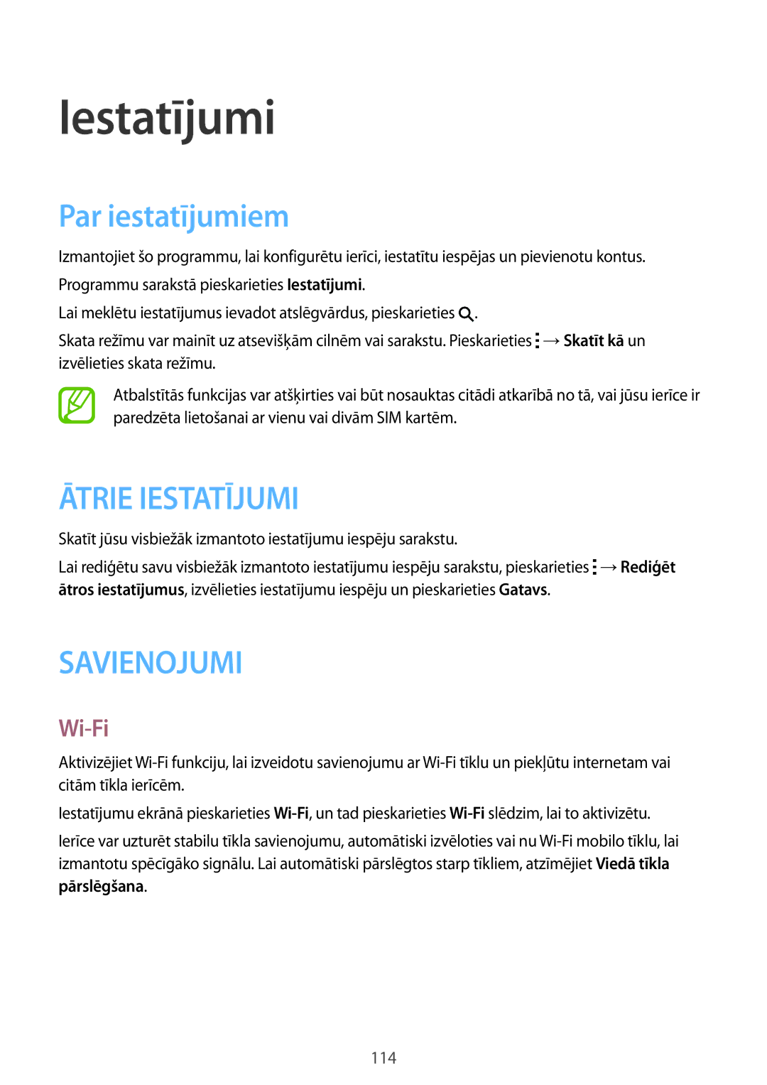 Samsung SM-A700FZDASEB, SM-A700FZWASEB, SM-A700FZKASEB manual Iestatījumi, Par iestatījumiem, Wi-Fi, Pārslēgšana 