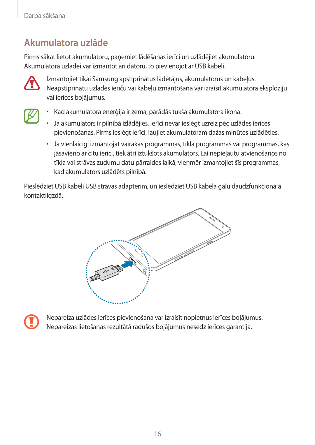 Samsung SM-A700FZWASEB, SM-A700FZDASEB, SM-A700FZKASEB manual Akumulatora uzlāde 