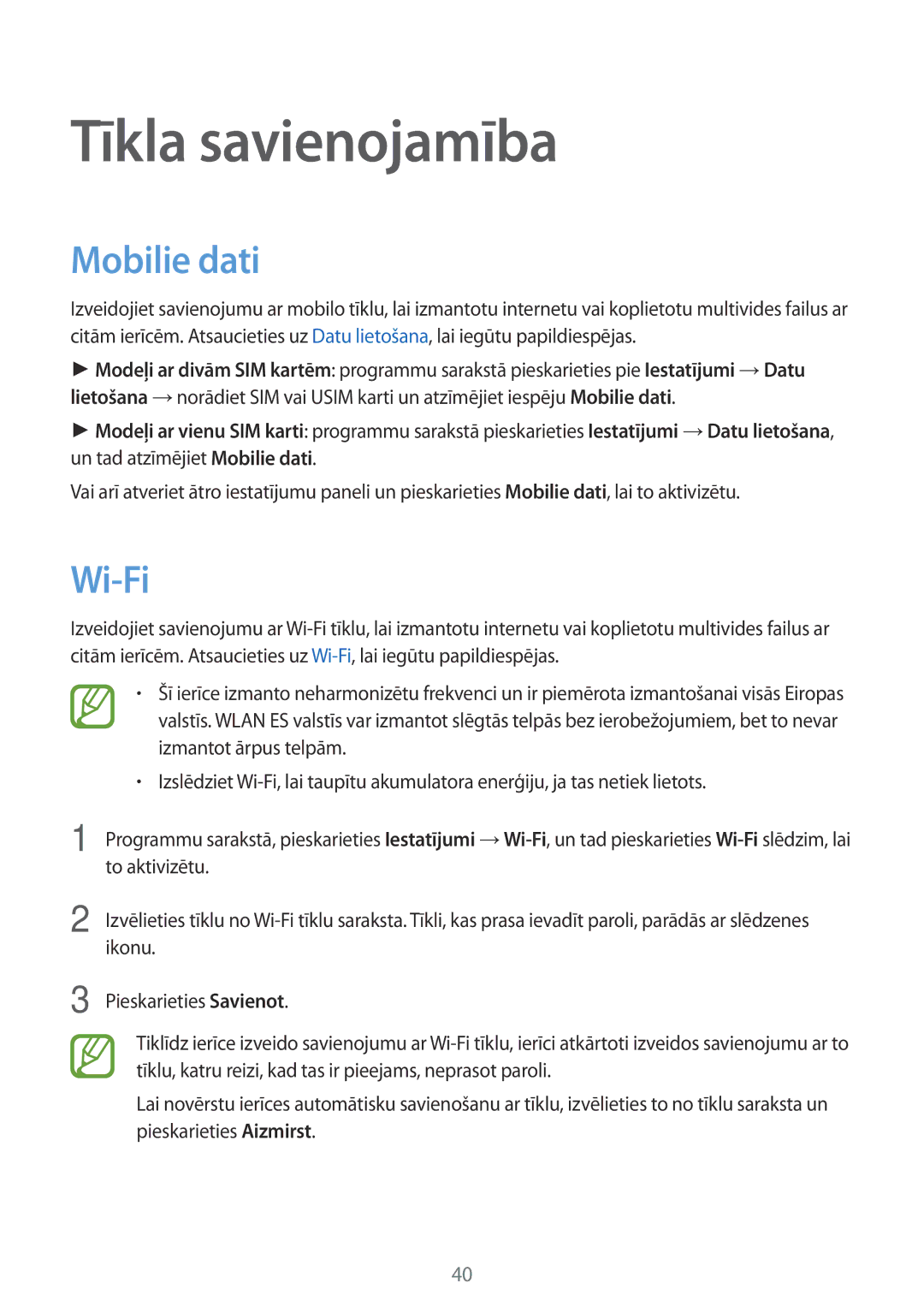 Samsung SM-A700FZWASEB, SM-A700FZDASEB, SM-A700FZKASEB manual Tīkla savienojamība, Mobilie dati, Wi-Fi 