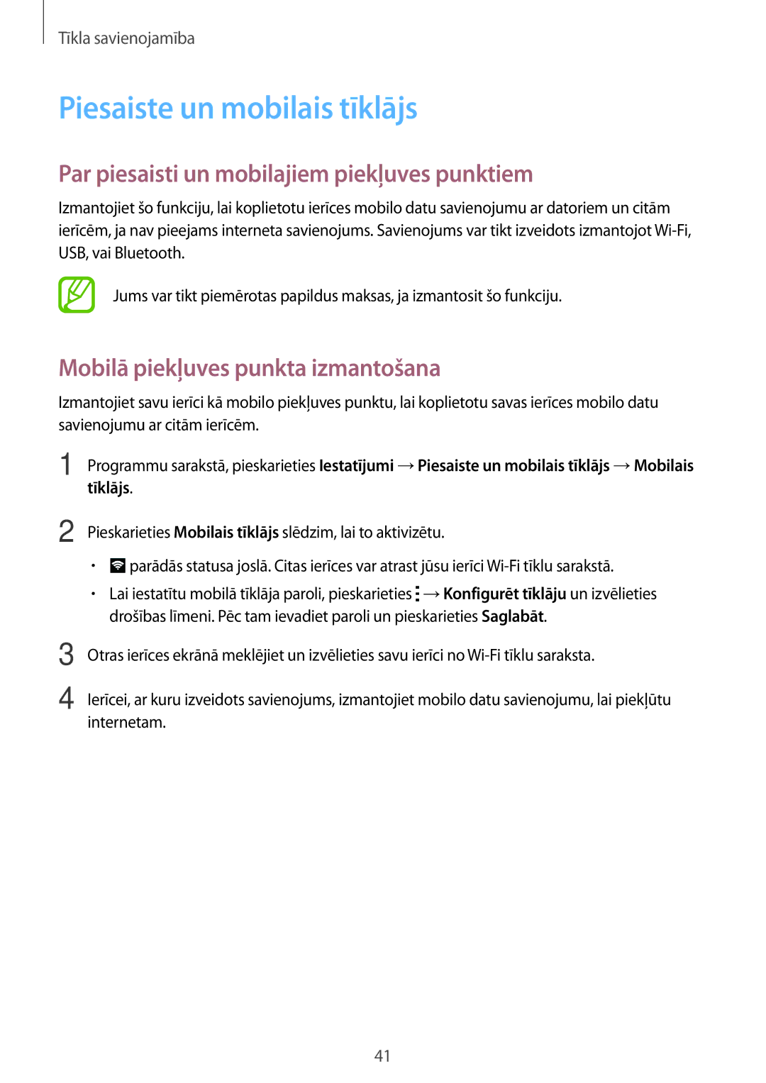Samsung SM-A700FZKASEB, SM-A700FZDASEB manual Piesaiste un mobilais tīklājs, Par piesaisti un mobilajiem piekļuves punktiem 