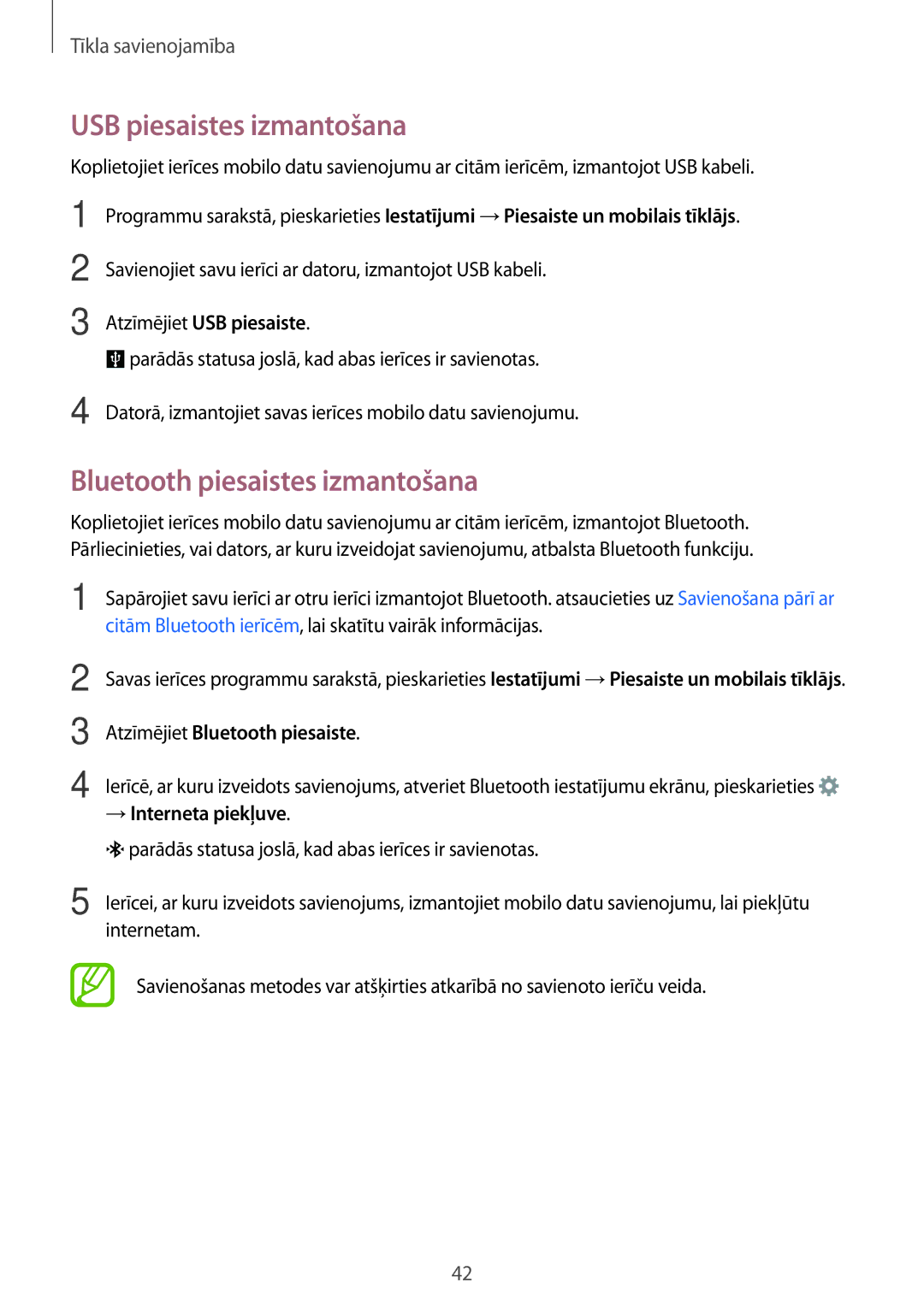 Samsung SM-A700FZDASEB manual USB piesaistes izmantošana, Bluetooth piesaistes izmantošana, Atzīmējiet USB piesaiste 