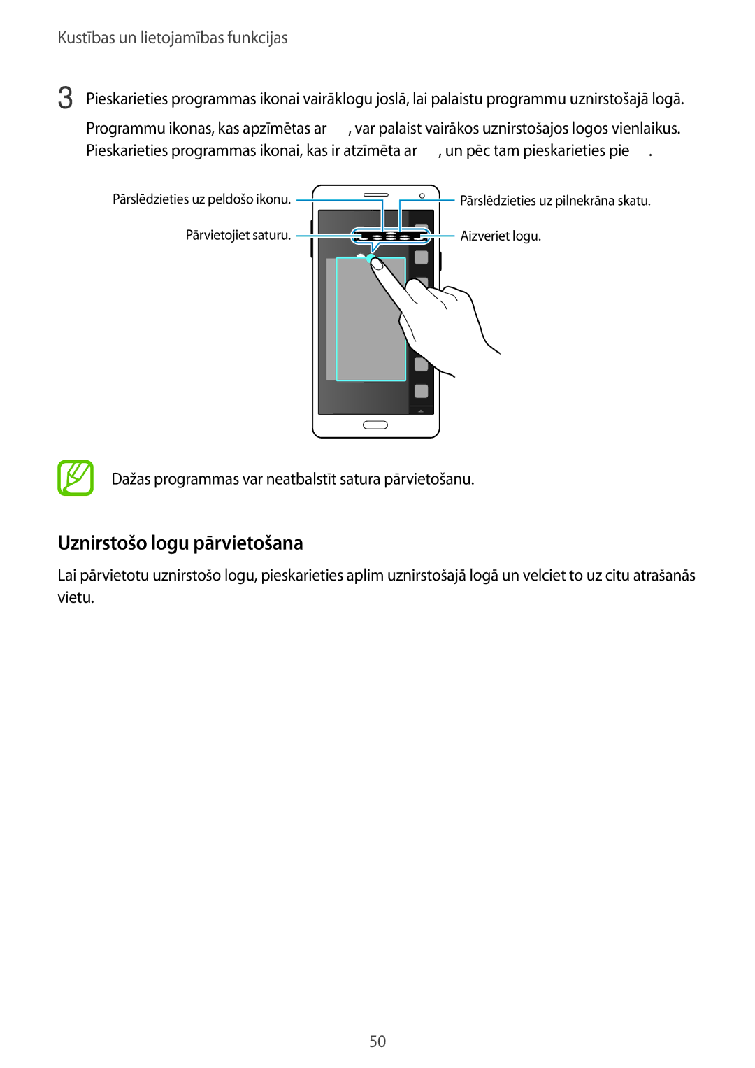 Samsung SM-A700FZKASEB, SM-A700FZDASEB, SM-A700FZWASEB manual Uznirstošo logu pārvietošana 