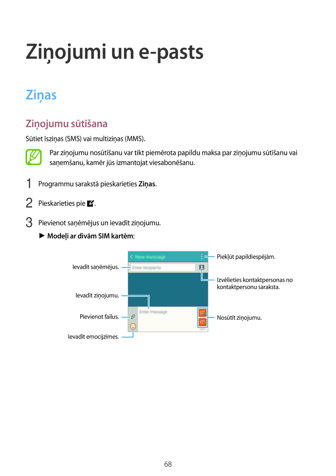 Samsung SM-A700FZKASEB, SM-A700FZDASEB manual Ziņojumi un e-pasts, Ziņas, Ziņojumu sūtīšana, Modeļi ar divām SIM kartēm 