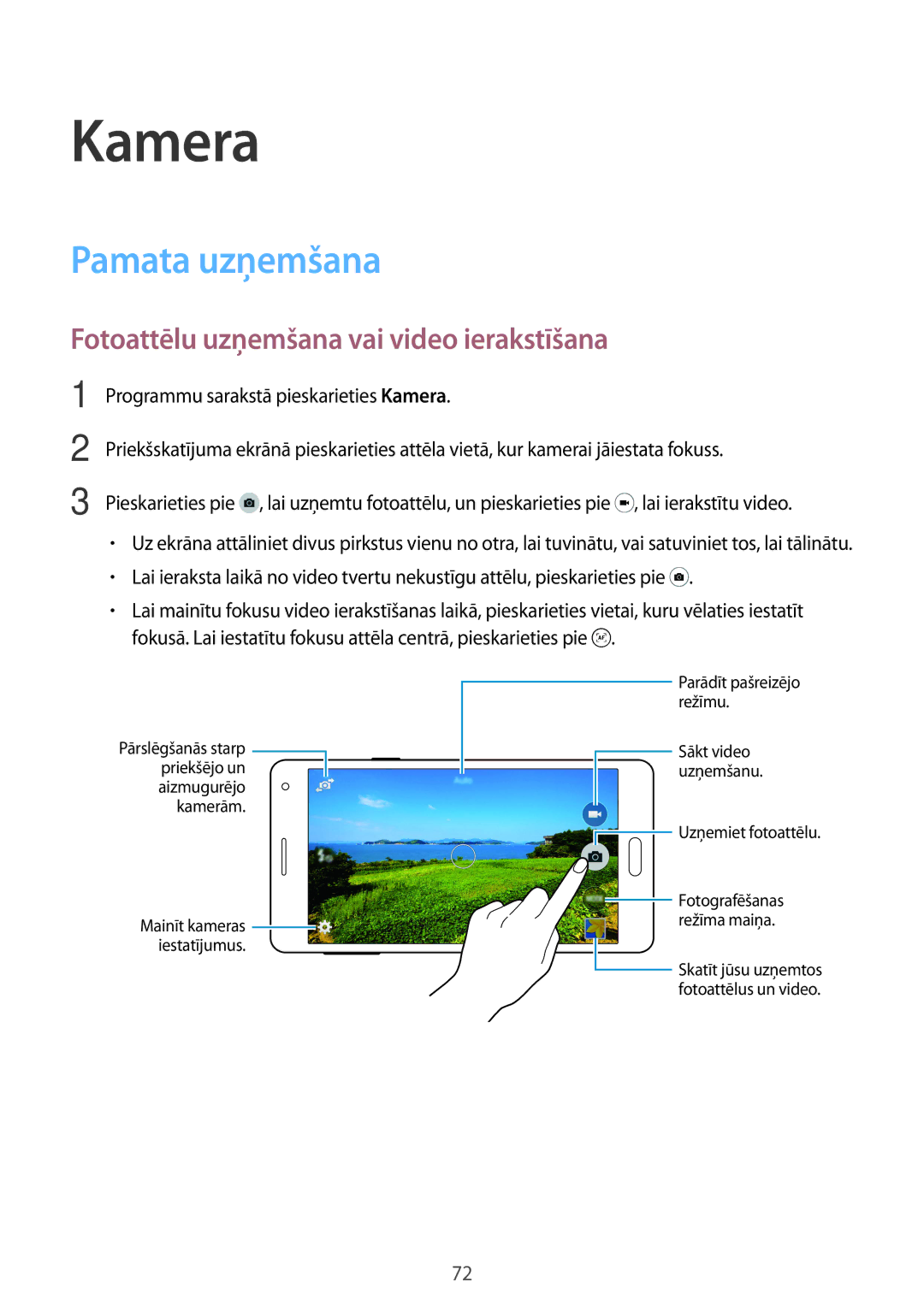 Samsung SM-A700FZDASEB, SM-A700FZWASEB manual Kamera, Pamata uzņemšana, Fotoattēlu uzņemšana vai video ierakstīšana 