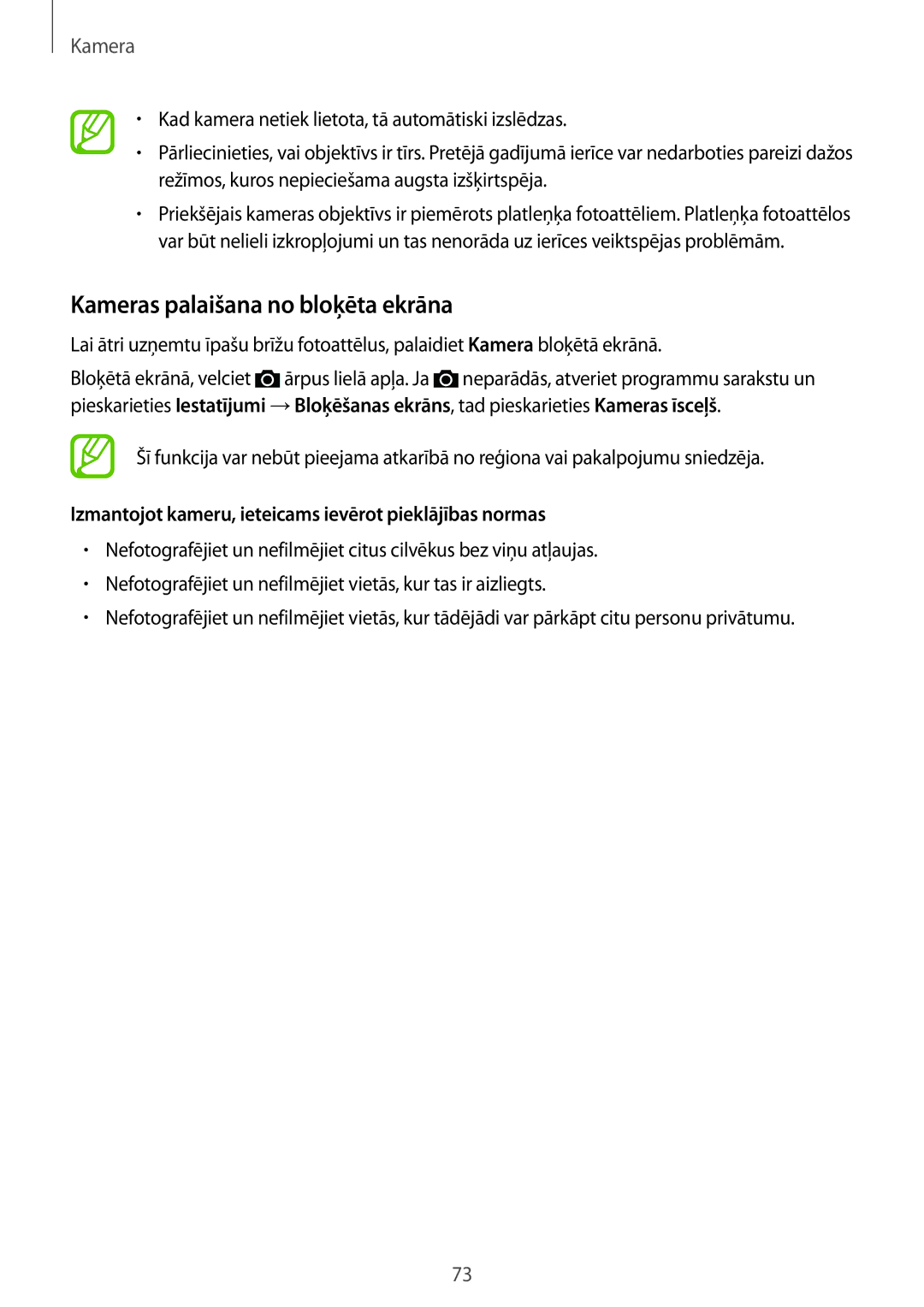 Samsung SM-A700FZWASEB manual Kameras palaišana no bloķēta ekrāna, Izmantojot kameru, ieteicams ievērot pieklājības normas 