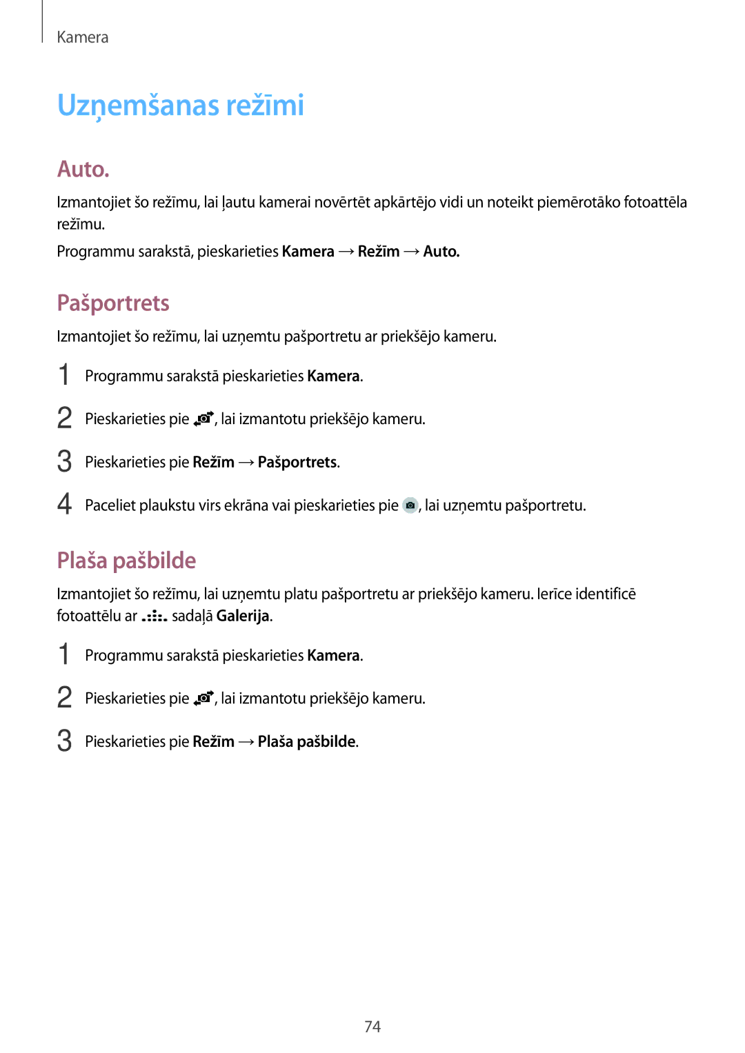Samsung SM-A700FZKASEB, SM-A700FZDASEB, SM-A700FZWASEB manual Uzņemšanas režīmi, Auto, Pašportrets, Plaša pašbilde 