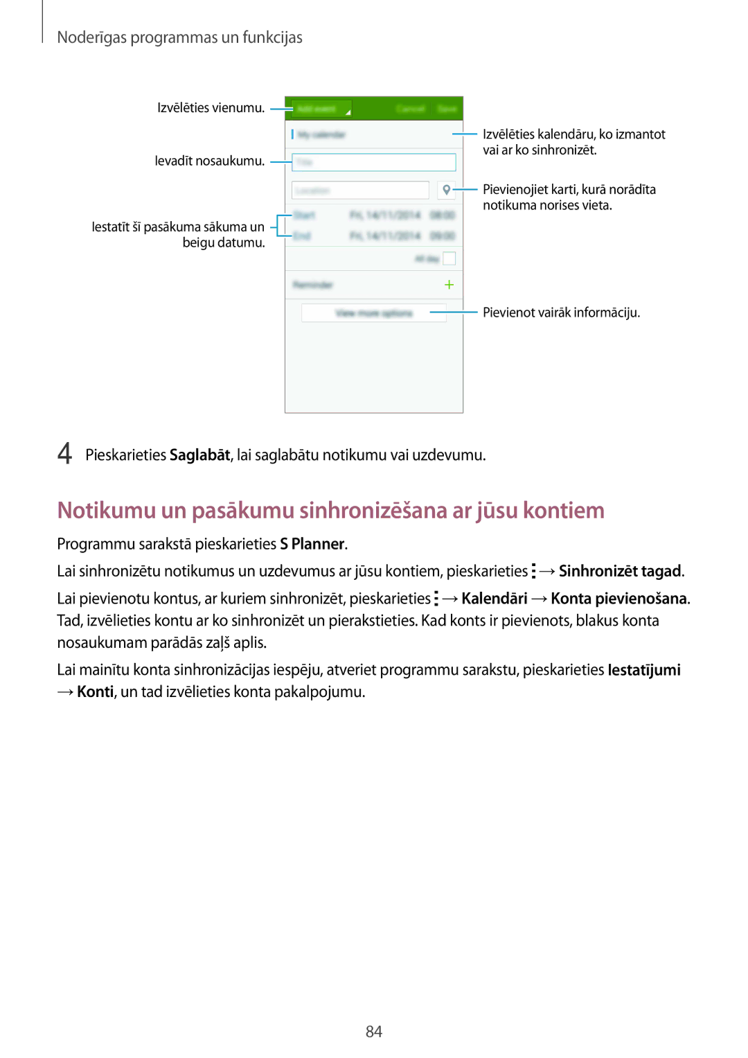 Samsung SM-A700FZDASEB manual Notikumu un pasākumu sinhronizēšana ar jūsu kontiem, Noderīgas programmas un funkcijas 