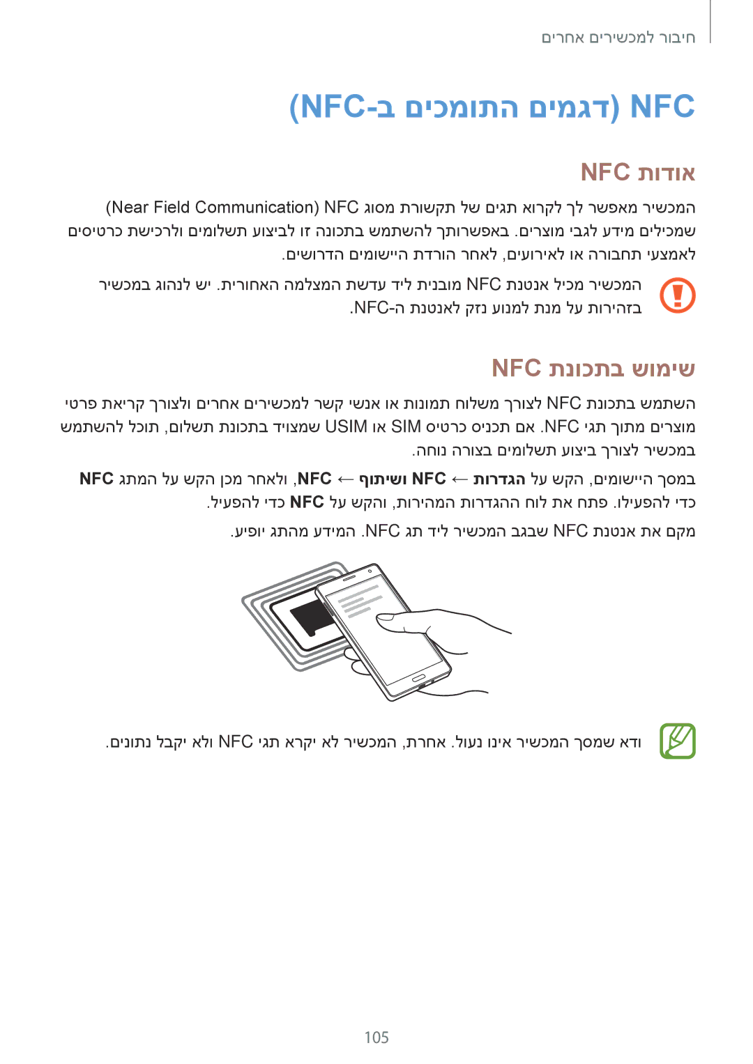 Samsung SM-A500FZDAILO, SM-A700FZDASEE, SM-A700FZKASEE, SM-A500FZWACEL Nfc-ב םיכמותה םימגד Nfc, Nfc תודוא, Nfc תנוכתב שומיש 