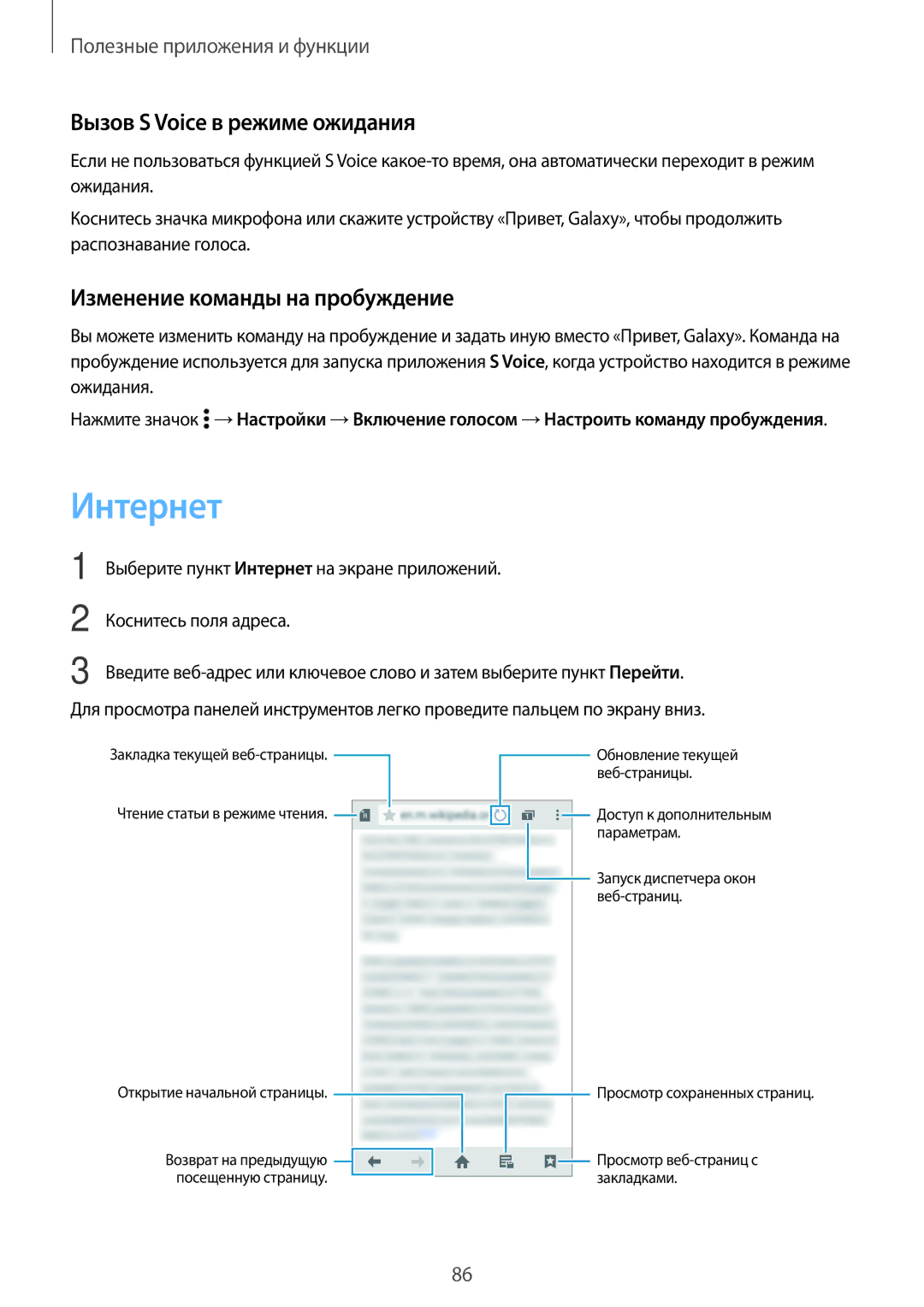 Samsung SM-A700FZDDSER manual Интернет, Вызов S Voice в режиме ожидания, Изменение команды на пробуждение 