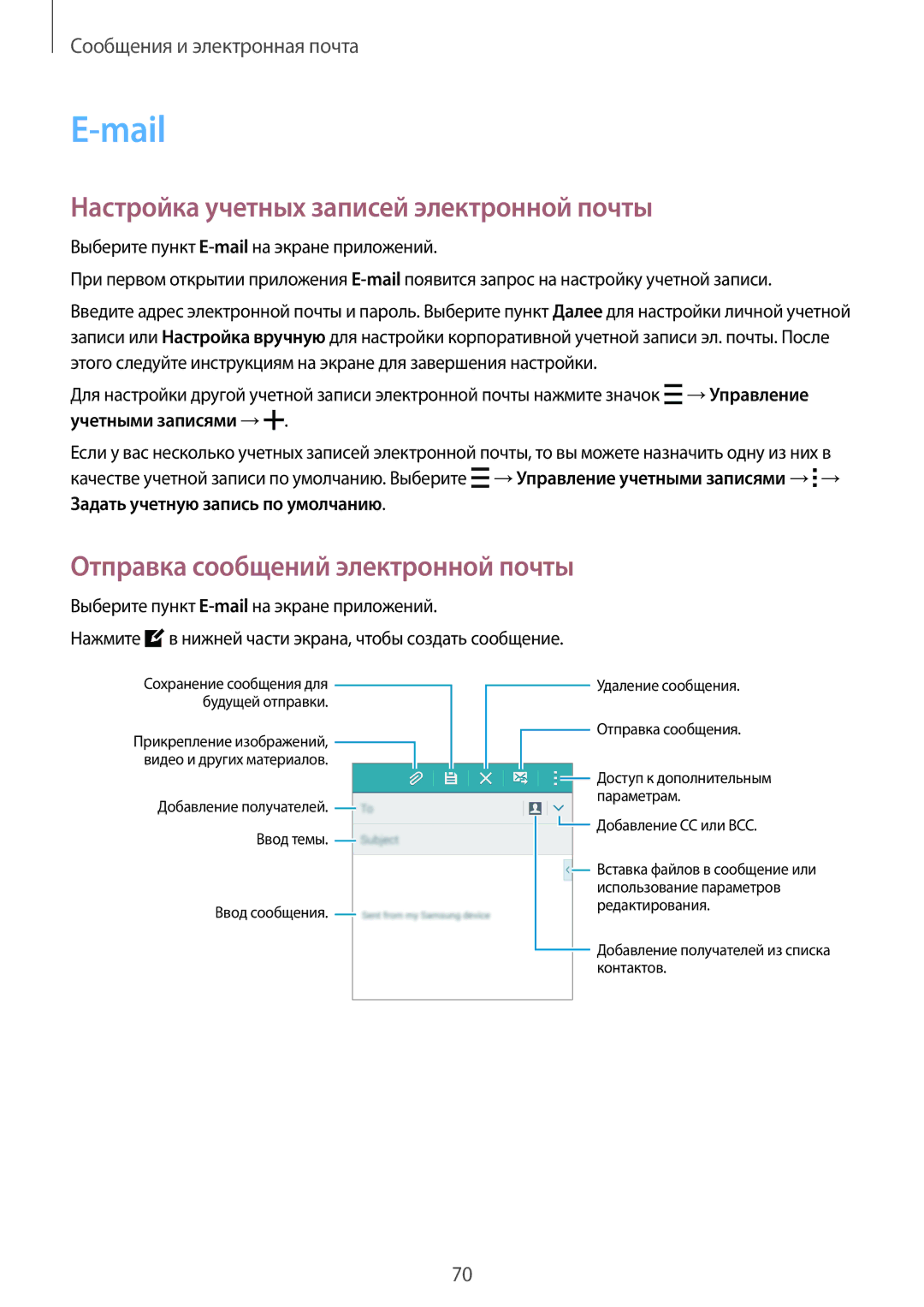 Samsung SM-A700FZDDSER manual Mail, Настройка учетных записей электронной почты, Отправка сообщений электронной почты 