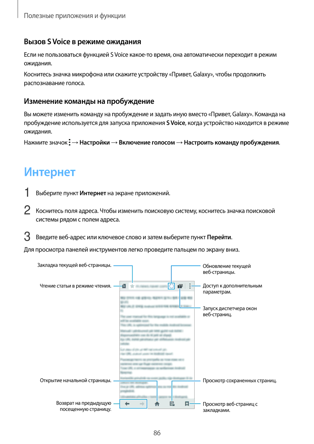 Samsung SM-A700FZDDSER manual Интернет, Вызов S Voice в режиме ожидания, Изменение команды на пробуждение 