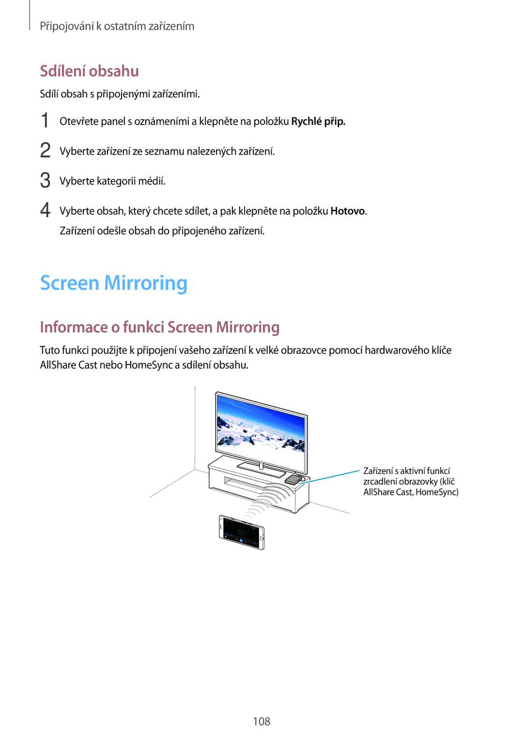 Samsung SM-A700FZKAXEO, SM-A700FZKACYO, SM-A700FZWACYO manual Sdílení obsahu, Informace o funkci Screen Mirroring 