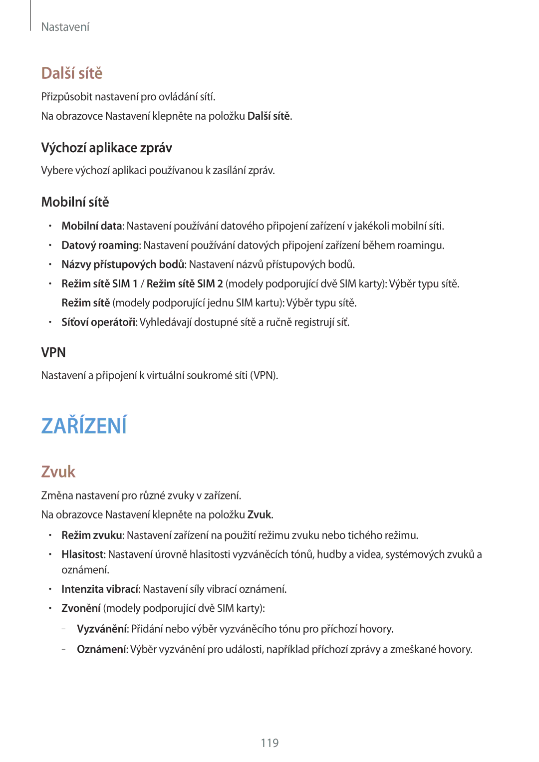 Samsung SM-A700FZKAATO, SM-A700FZKACYO, SM-A700FZWACYO manual Další sítě, Zvuk, Výchozí aplikace zpráv, Mobilní sítě 