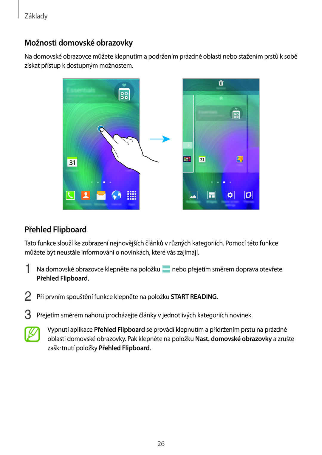 Samsung SM-A700FZKACYO, SM-A700FZWACYO, SM-A700FZKAATO, SM-A700FZDAATO manual Možnosti domovské obrazovky, Přehled Flipboard 