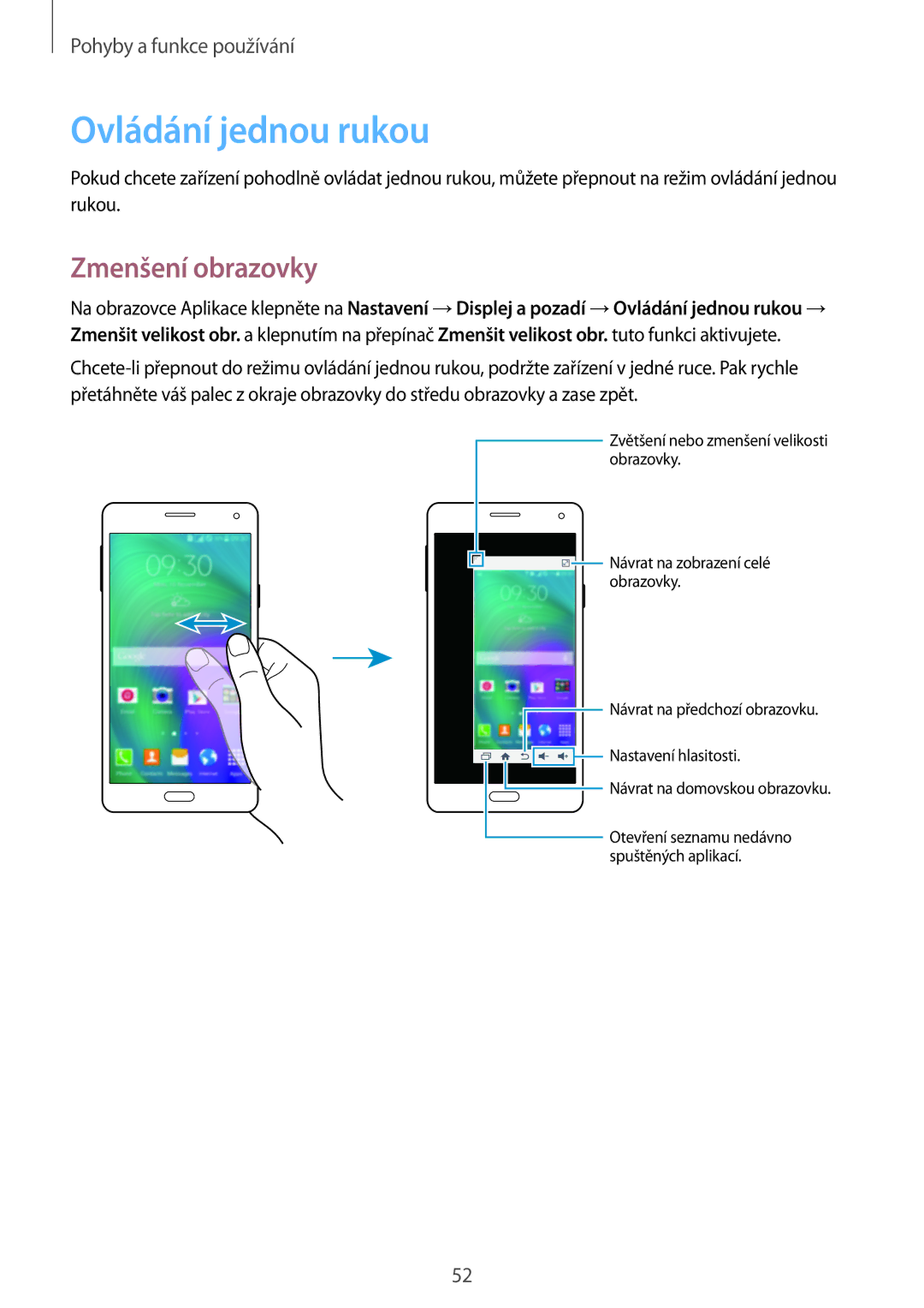 Samsung SM-A700FZKACYO, SM-A700FZWACYO, SM-A700FZKAATO, SM-A700FZDAATO manual Ovládání jednou rukou, Zmenšení obrazovky 